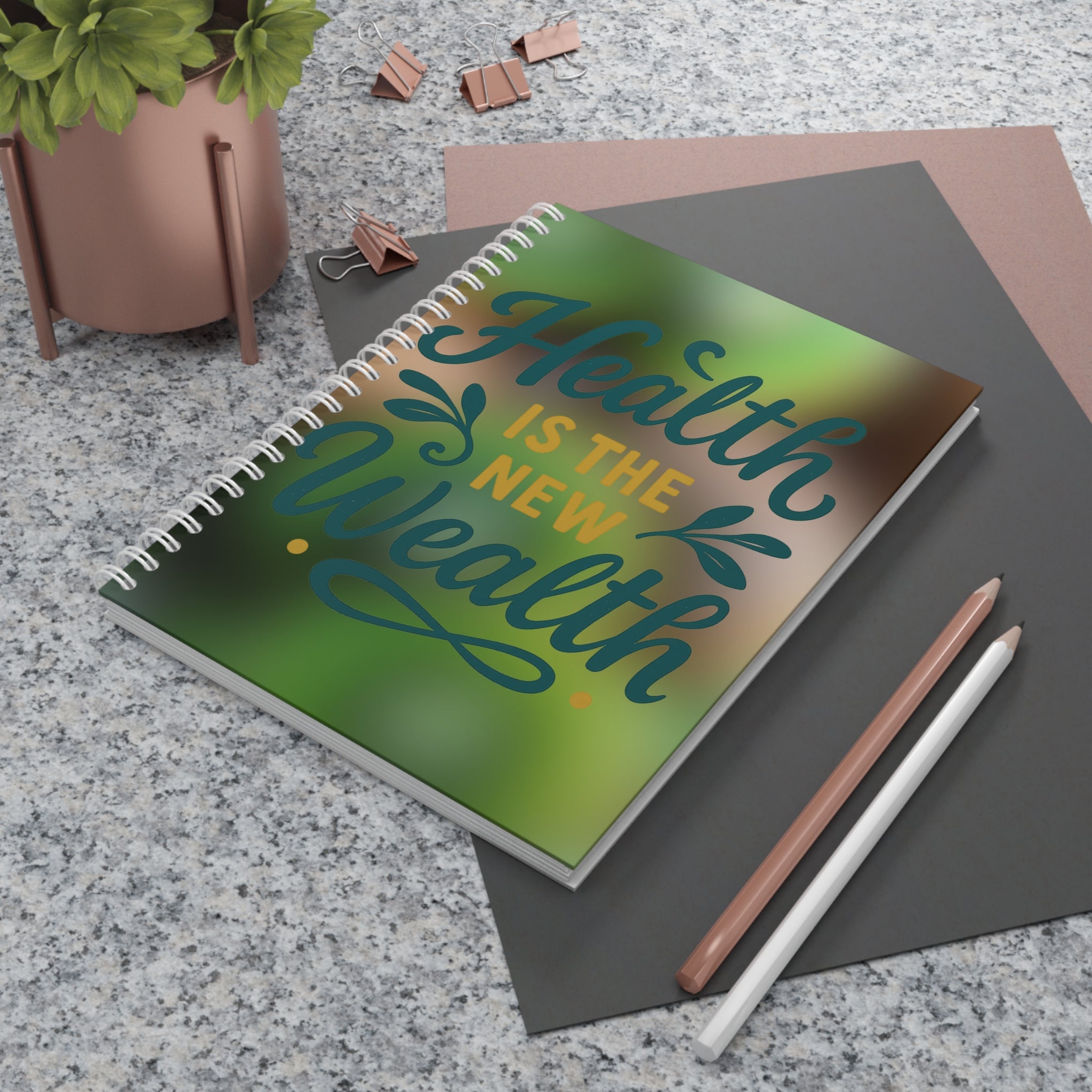 Health is the New Wealth Spiral Notebook, Motivational Journal, Wellness Planner, Gift for Health Enthusiasts, Self-Care Notebook