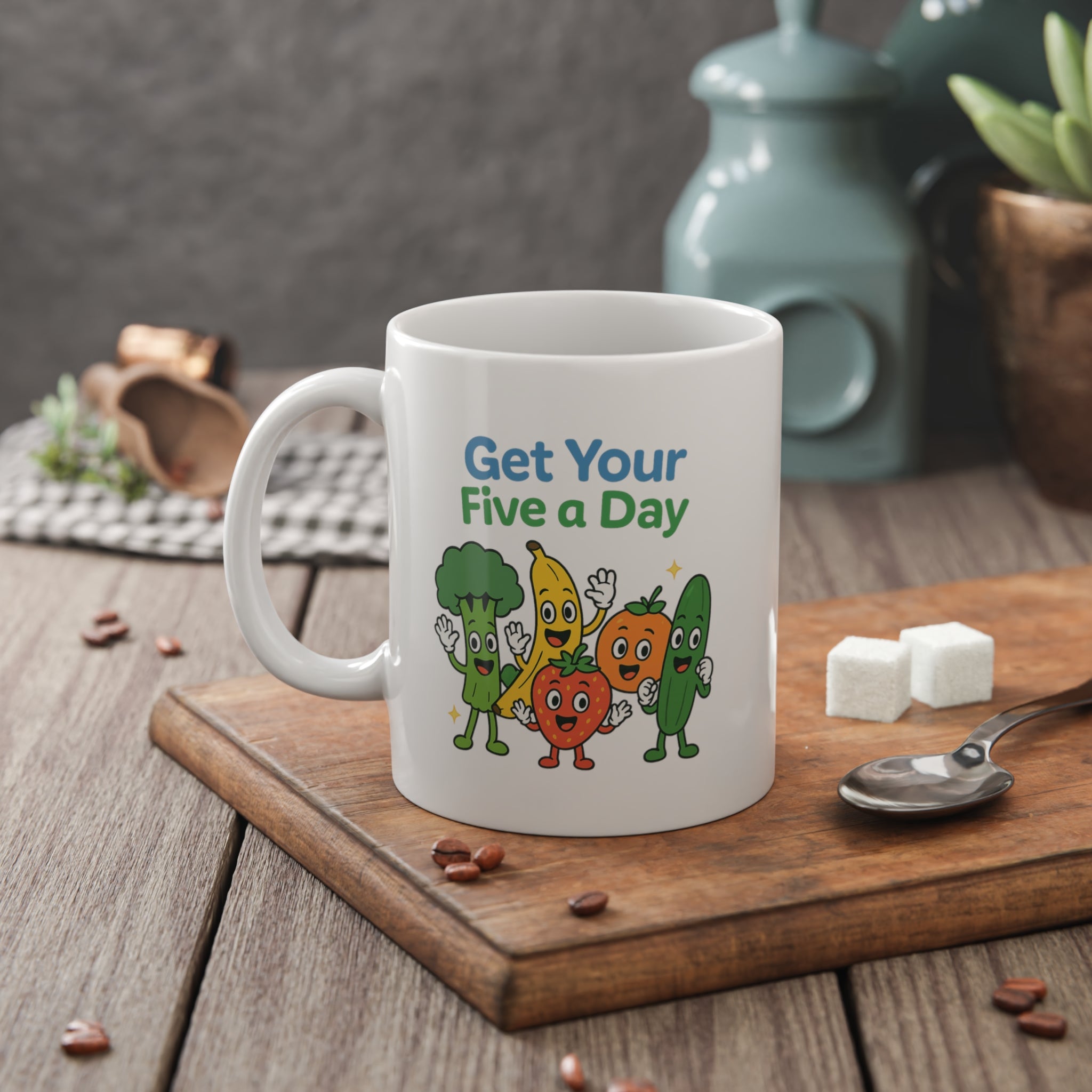 Get Your Five a Day Mug — Cute Fruit & Veggie Cartoon 11oz Ceramic