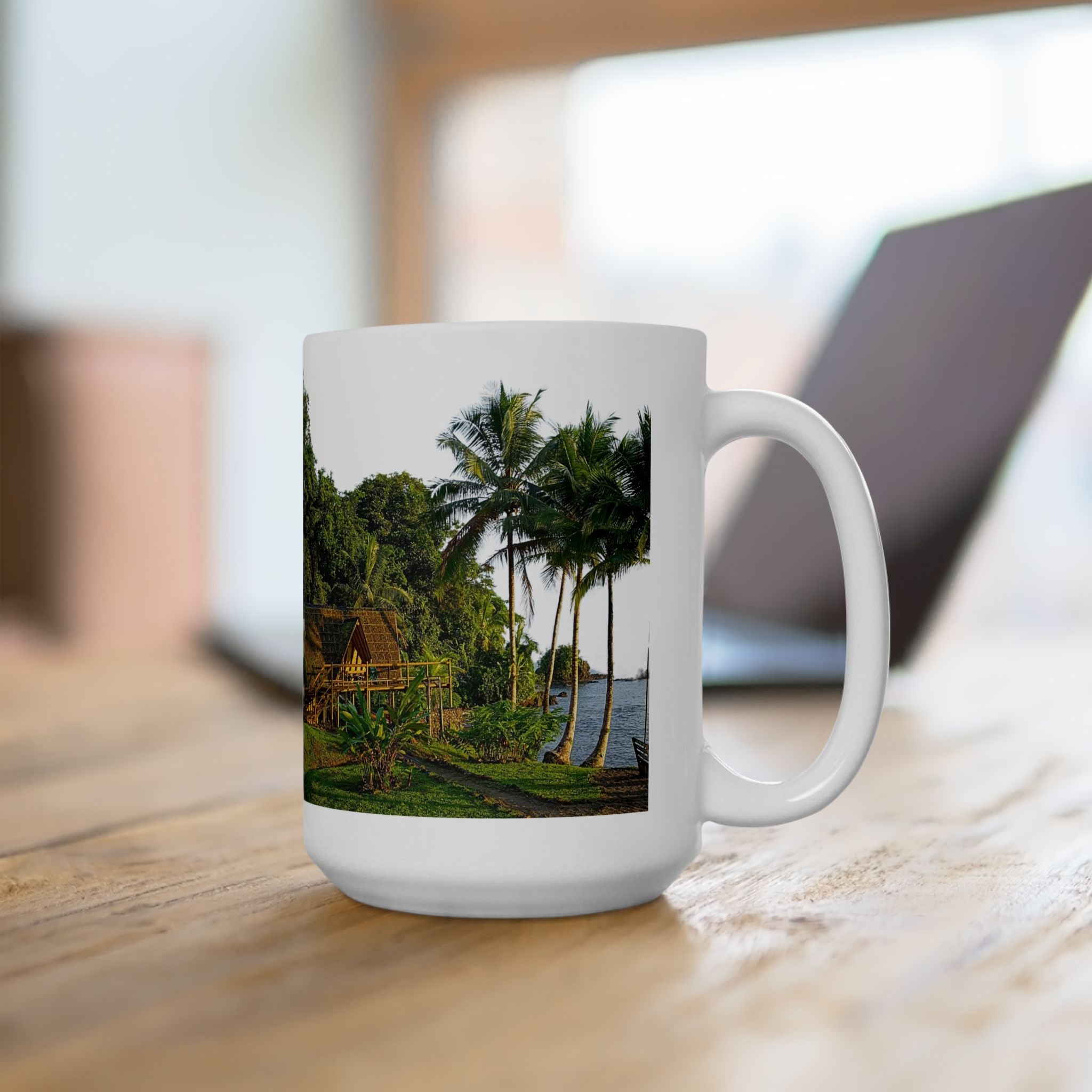 Tropical River Landscape Ceramic Mug – Island Palm Cottage Coffee Cup (11oz/15oz)