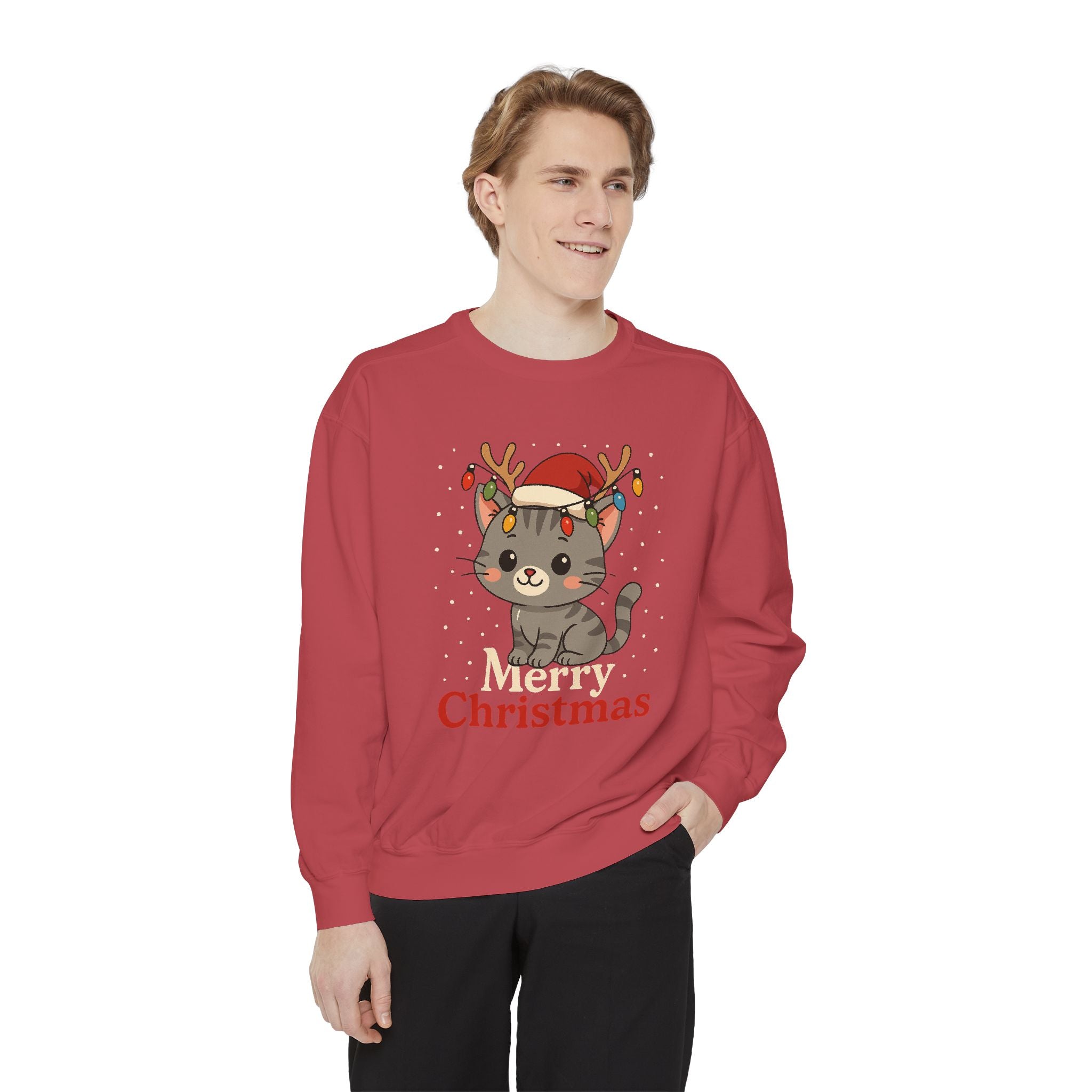 Cute Kitten with Reindeer Antlers Christmas Sweatshirt | Holiday Cat Crewneck