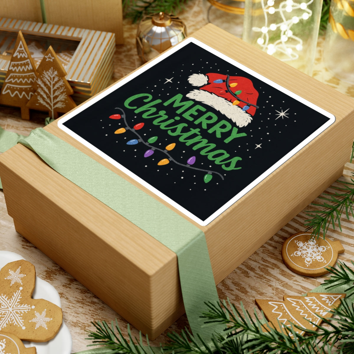 Merry Christmas Sticker — Festive Santa Hat & Holiday Lights Kiss-Cut Sticker