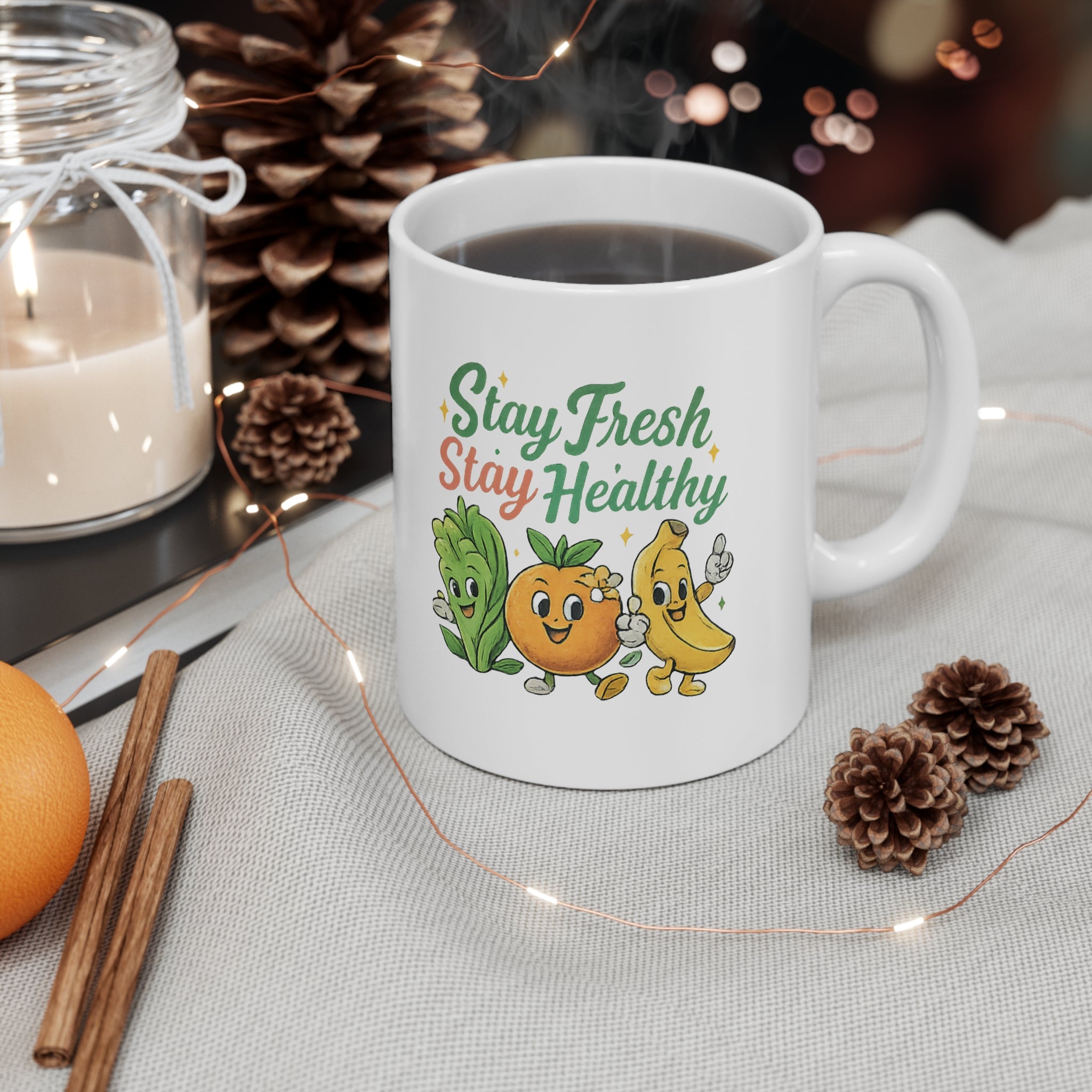 Stay Fresh Stay Healthy Mug — Cute Fruit & Veggie 11oz Ceramic Coffee Cup