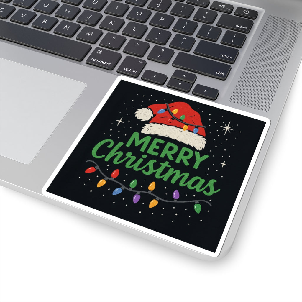 Merry Christmas Sticker — Festive Santa Hat & Holiday Lights Kiss-Cut Sticker