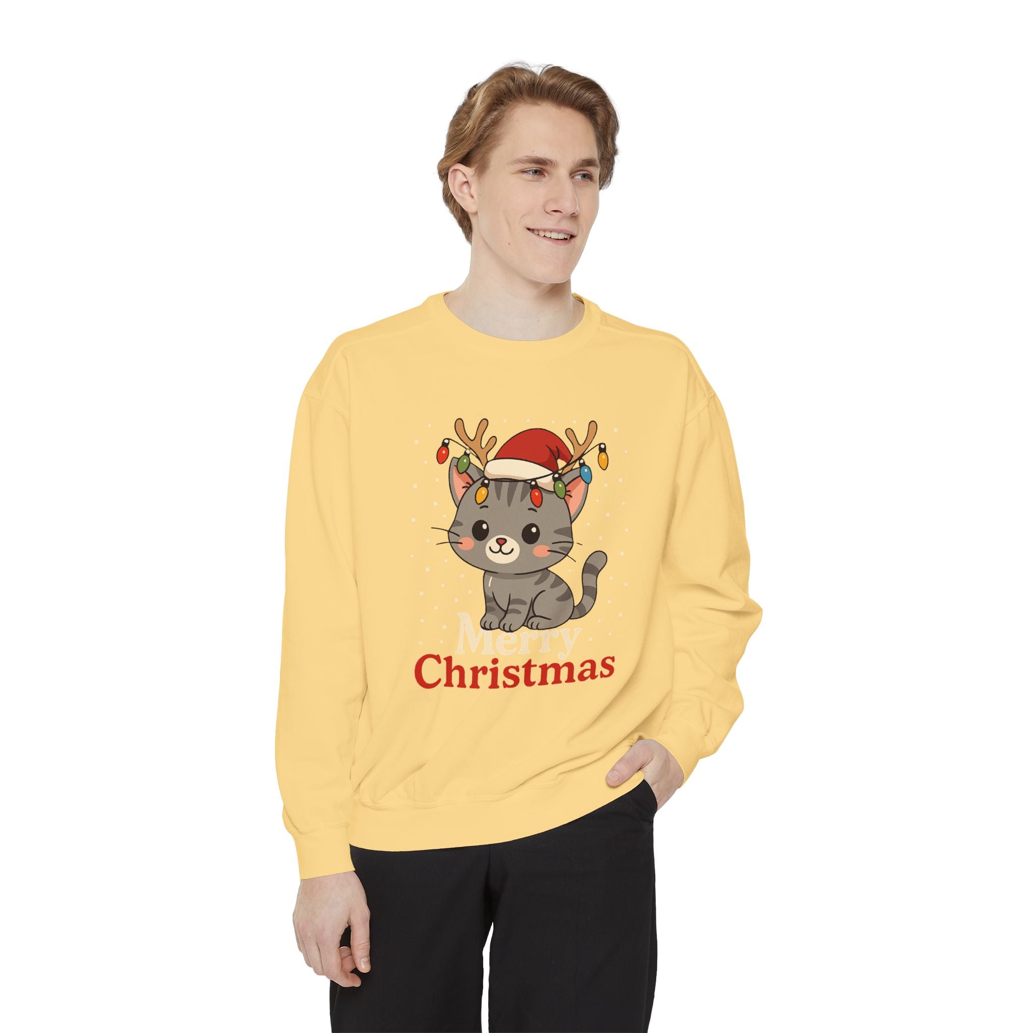 Cute Kitten with Reindeer Antlers Christmas Sweatshirt | Holiday Cat Crewneck