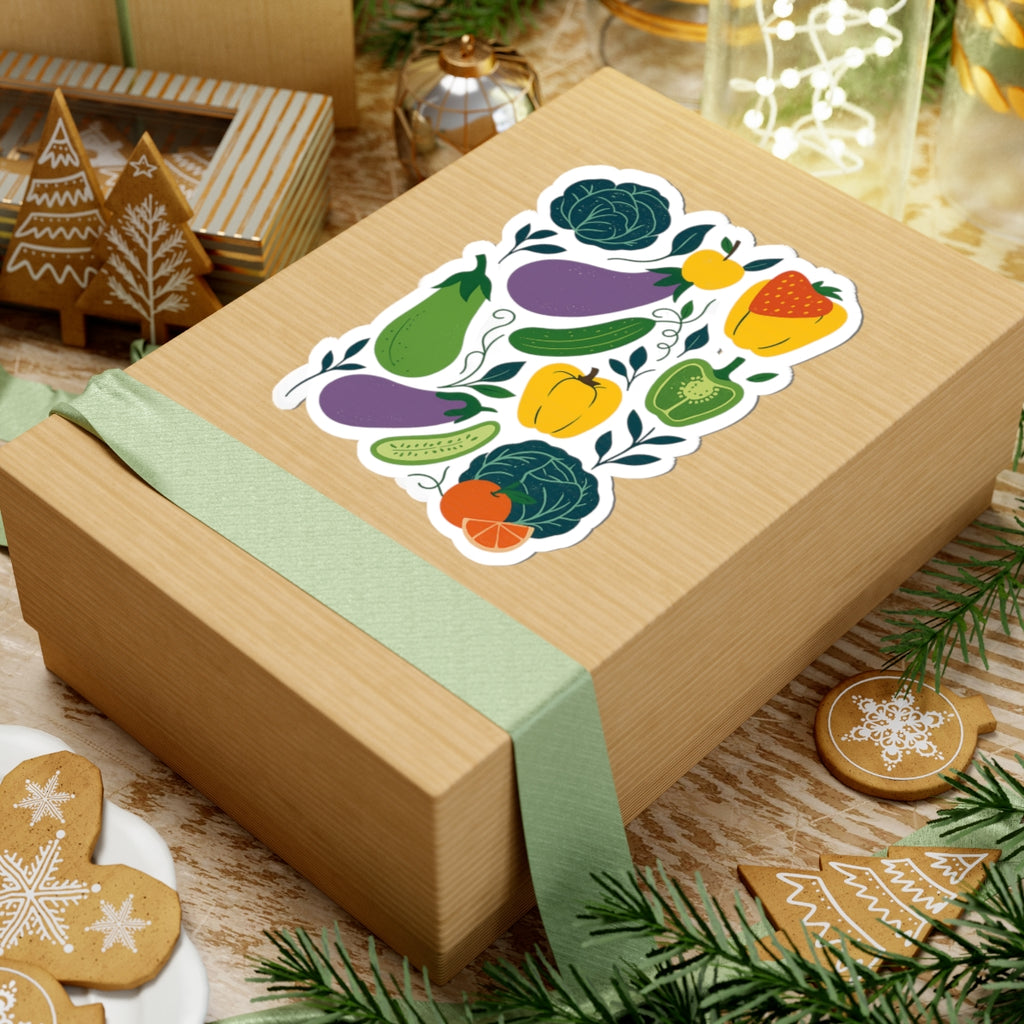 Vegetable Garden Sticker Pack — Colorful Kiss-Cut Veggie Stickers (Eggplant, Peppers, Cabbage, Strawberry)