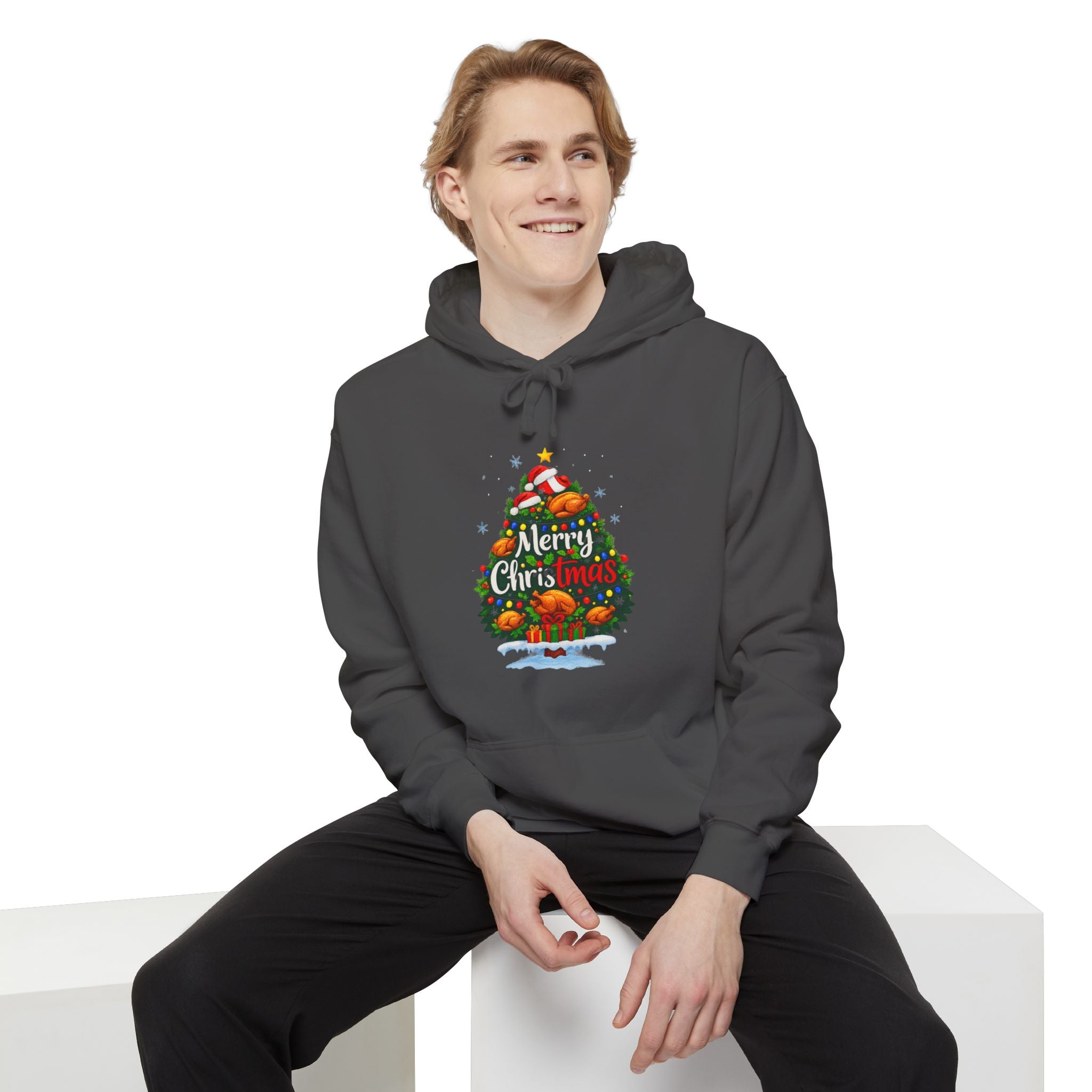 Christmas Tree Graphic Hoodie — "Merry Christmas" Holiday Sweatshirt