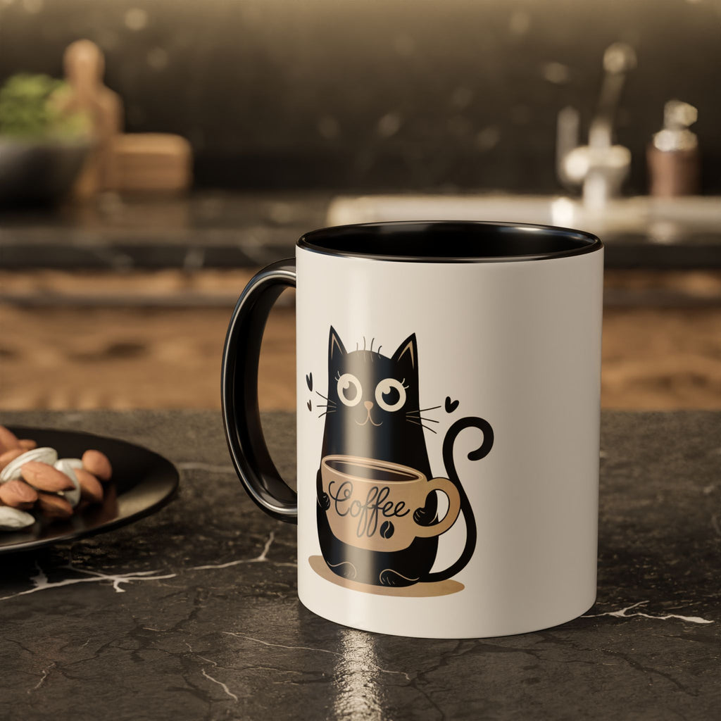 Cat Coffee Mug — Cute Black Cat Holding 'Coffee' Ceramic Mug (11oz & 15oz)