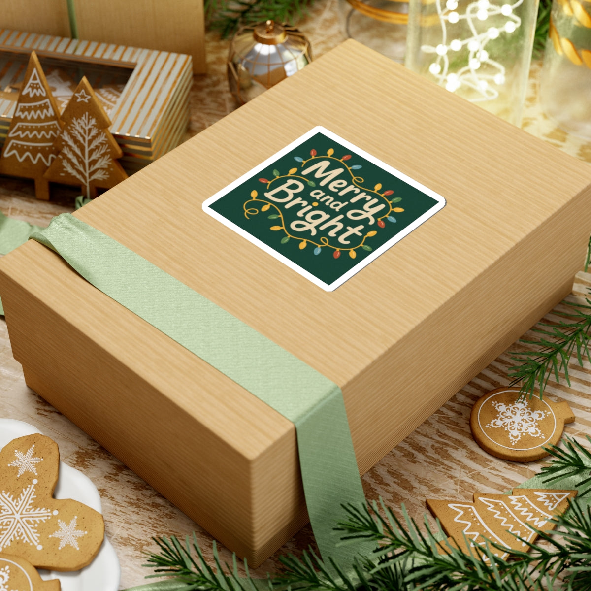 Merry and Bright Holiday Sticker — Festive Christmas Lights Kiss-Cut Sticker