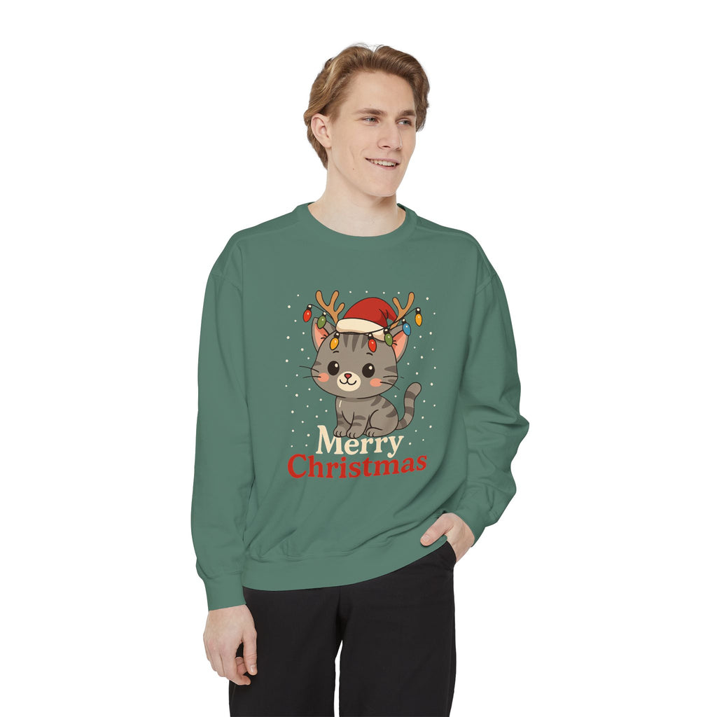 Cute Kitten with Reindeer Antlers Christmas Sweatshirt | Holiday Cat Crewneck