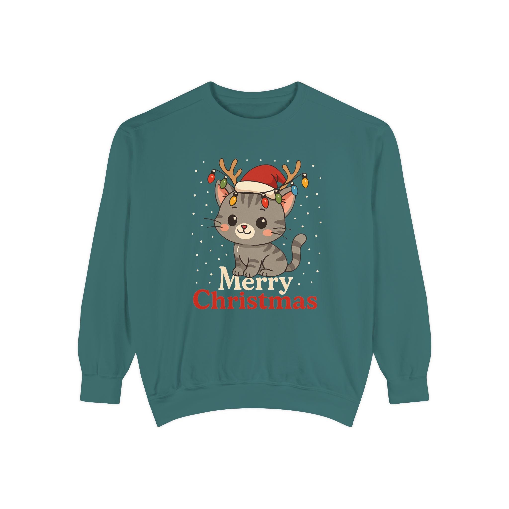 Cute Kitten with Reindeer Antlers Christmas Sweatshirt | Holiday Cat Crewneck