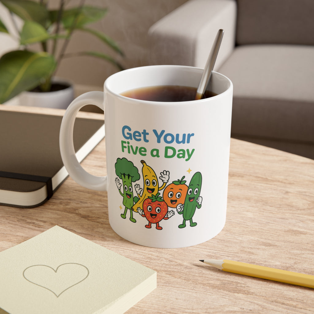 Get Your Five a Day Mug — Cute Fruit & Veggie Cartoon 11oz Ceramic