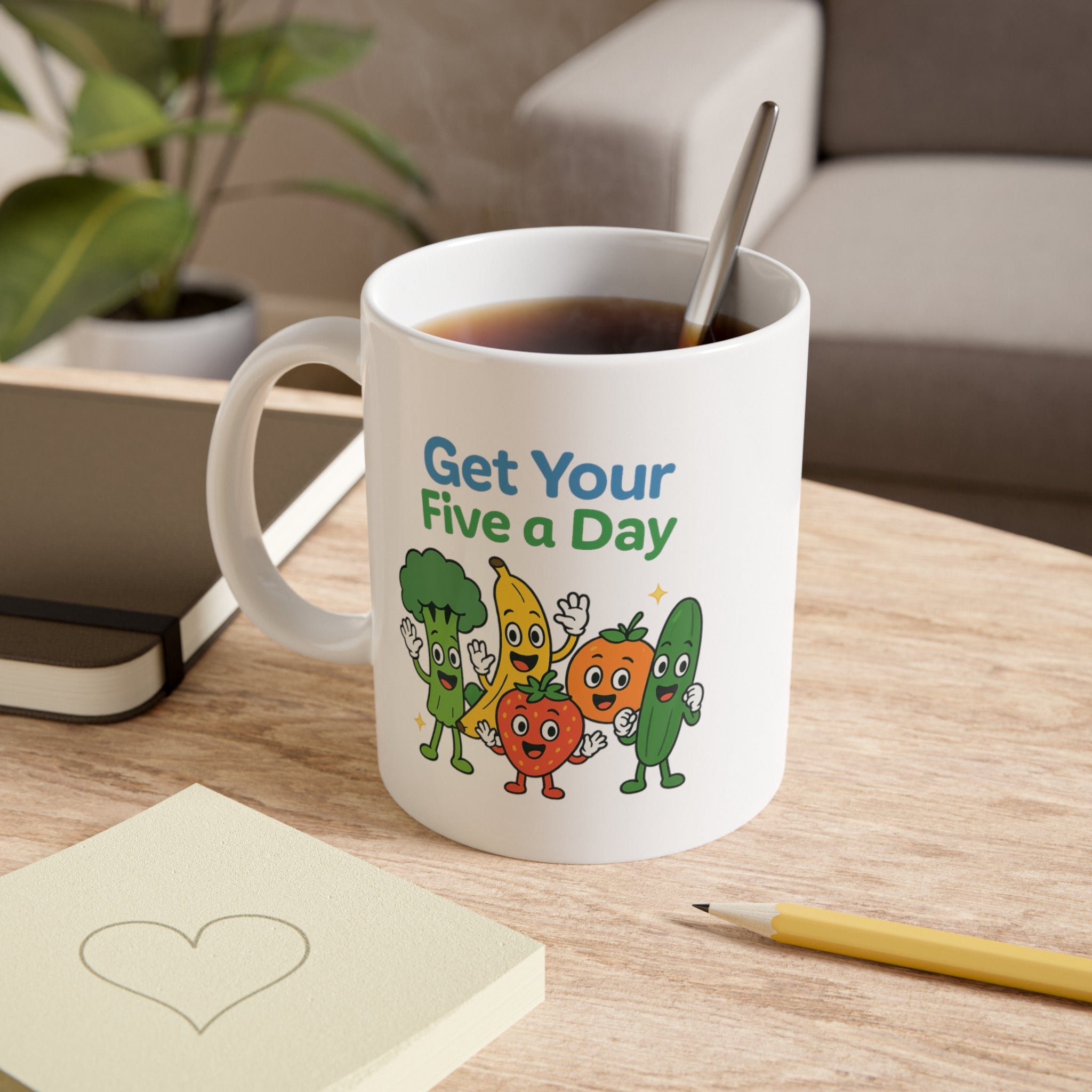 Get Your Five a Day Mug — Cute Fruit & Veggie Cartoon 11oz Ceramic