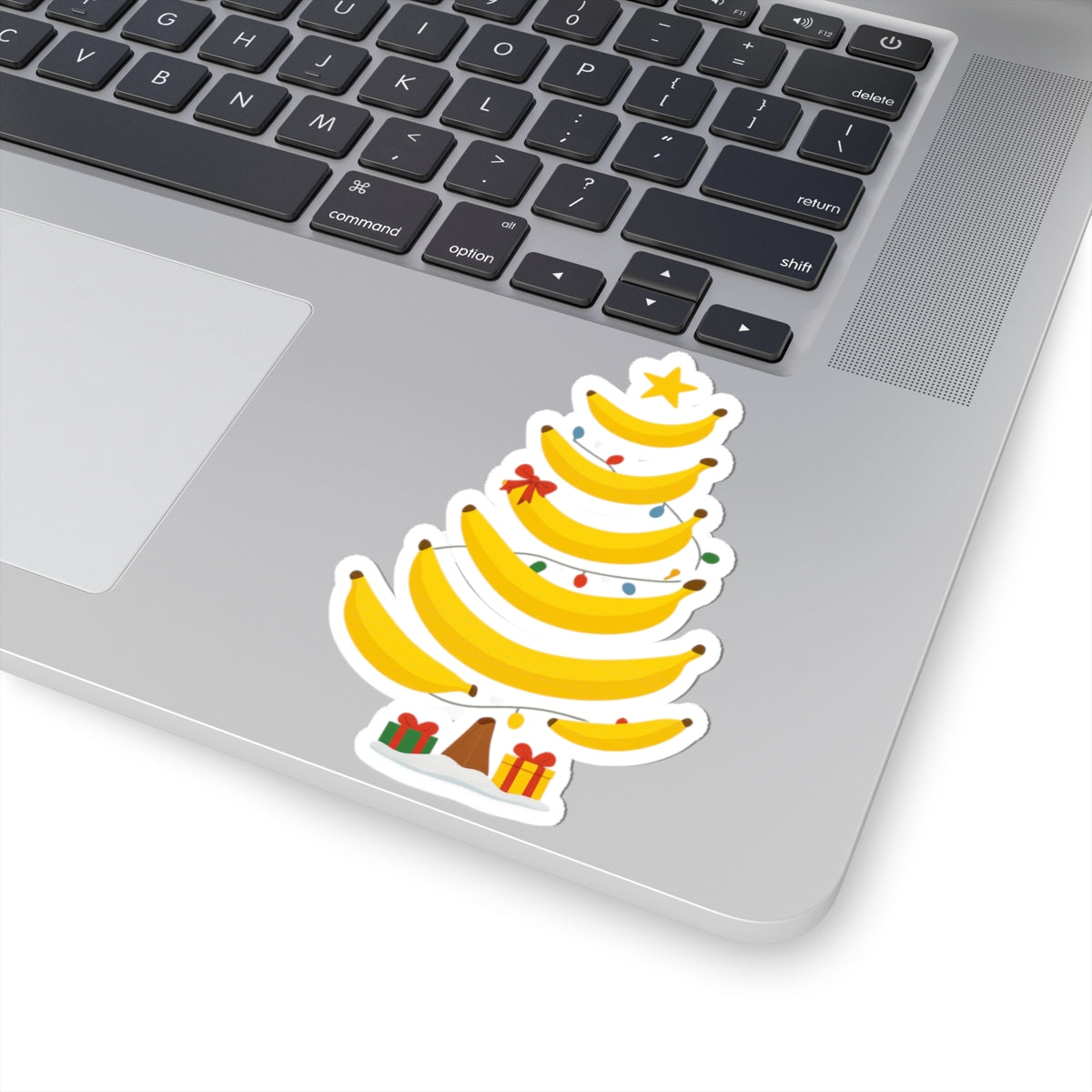 Banana Christmas Tree Kiss-Cut Sticker — Cute Holiday Laptop Decal