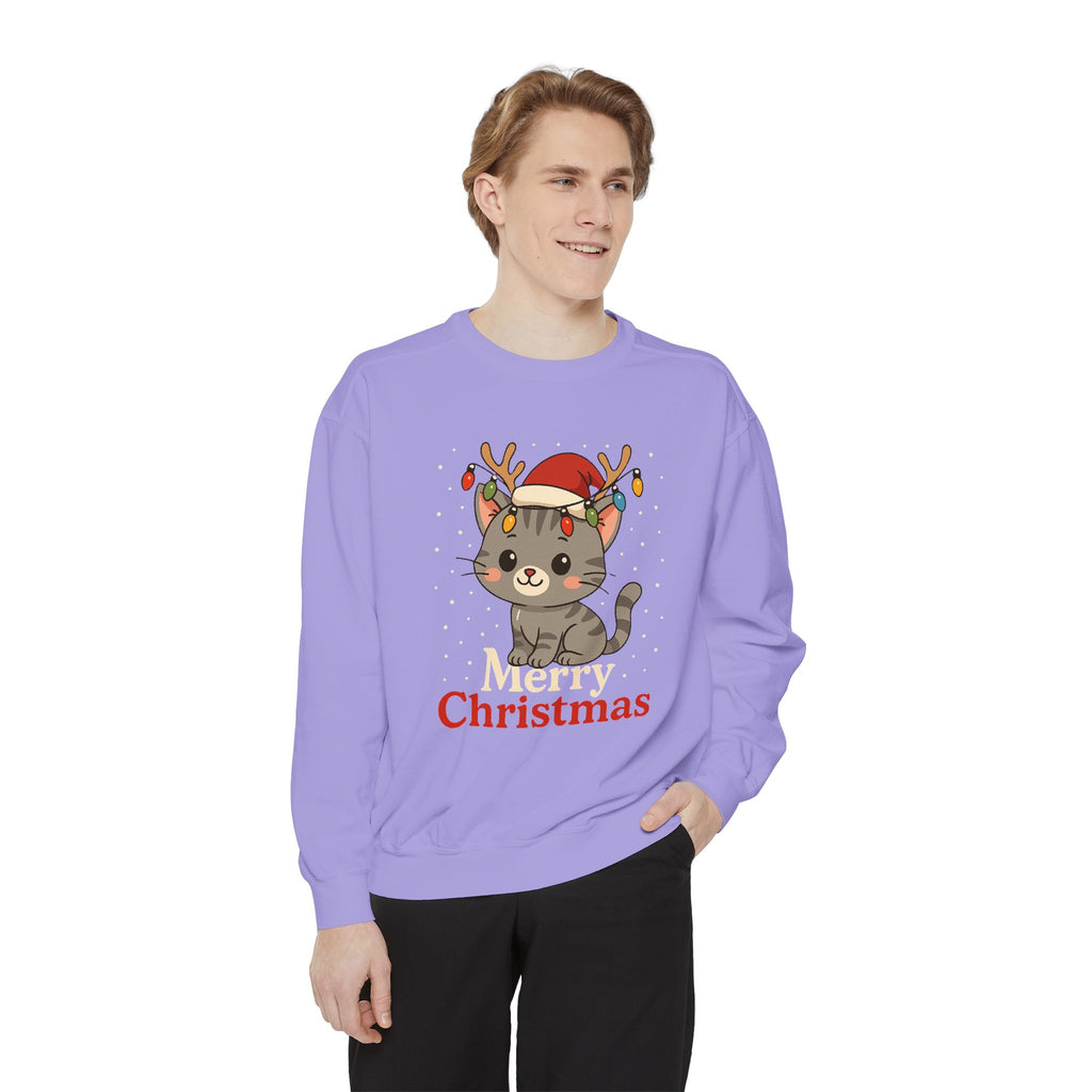 Cute Kitten with Reindeer Antlers Christmas Sweatshirt | Holiday Cat Crewneck