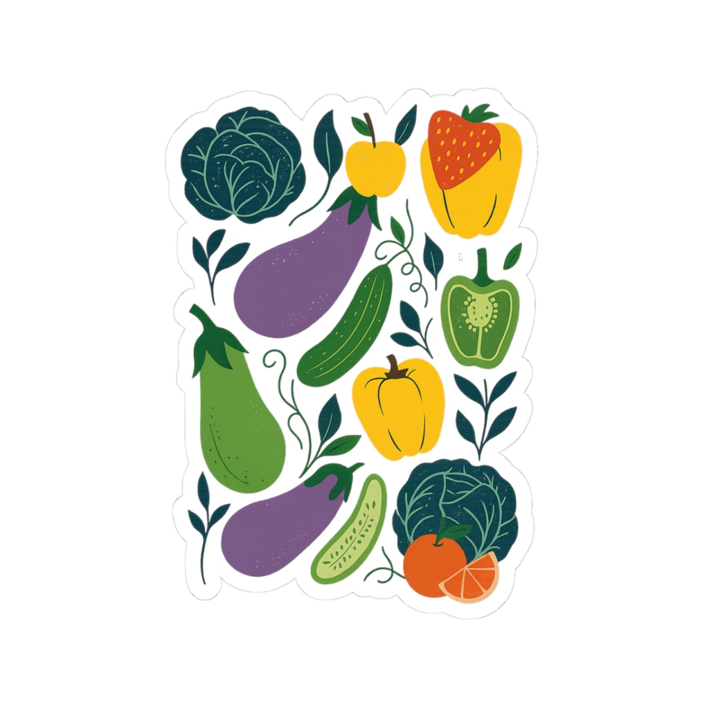 Vegetable Garden Sticker Pack — Colorful Kiss-Cut Veggie Stickers (Eggplant, Peppers, Cabbage, Strawberry)