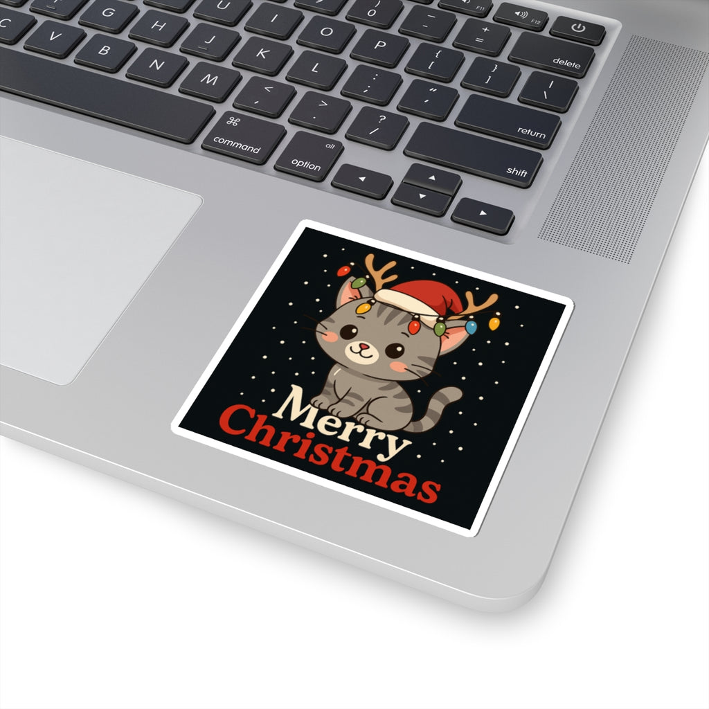 Cute Cat 'Merry Christmas' Sticker — Festive Holiday Kiss-Cut Decal