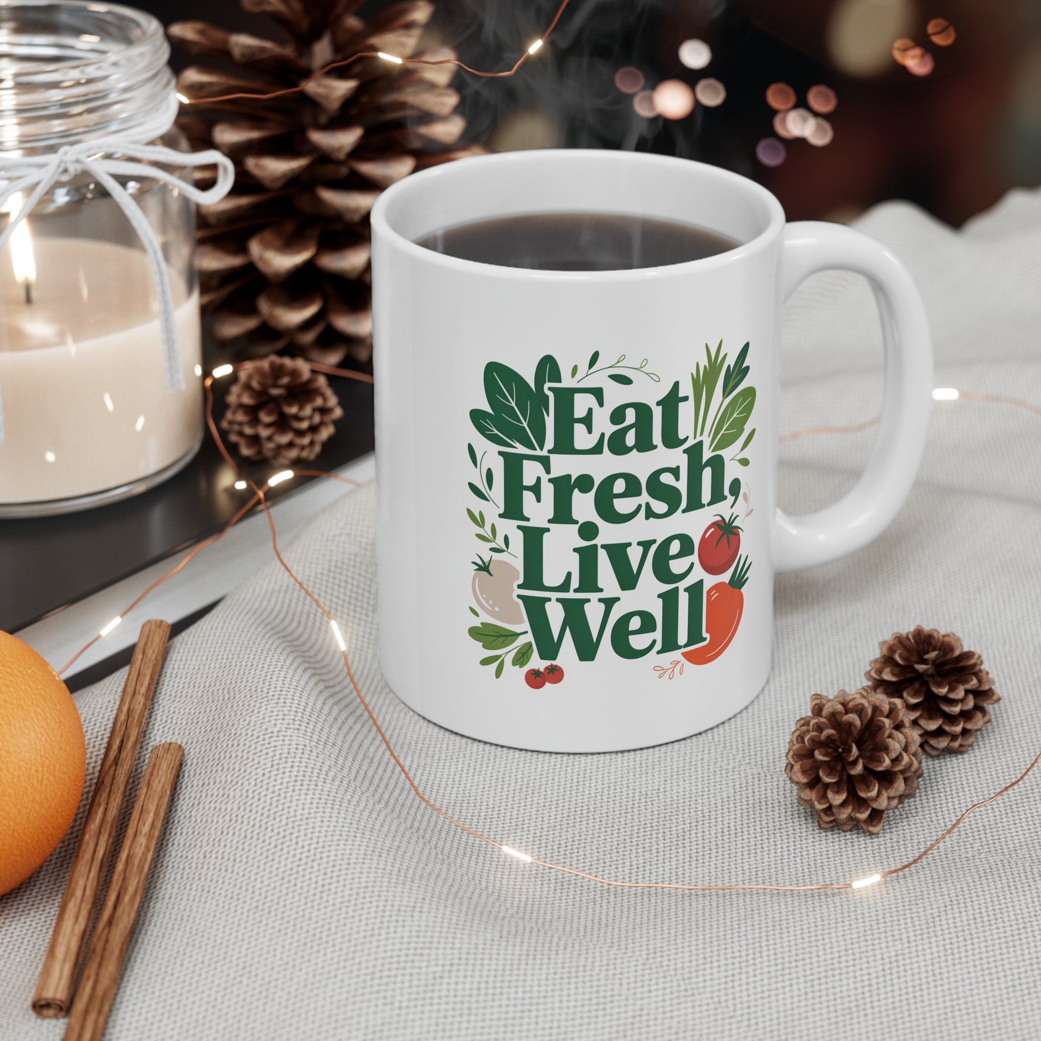 Eat Fresh Live Well Mug — Healthy Living Coffee Cup (11 oz)