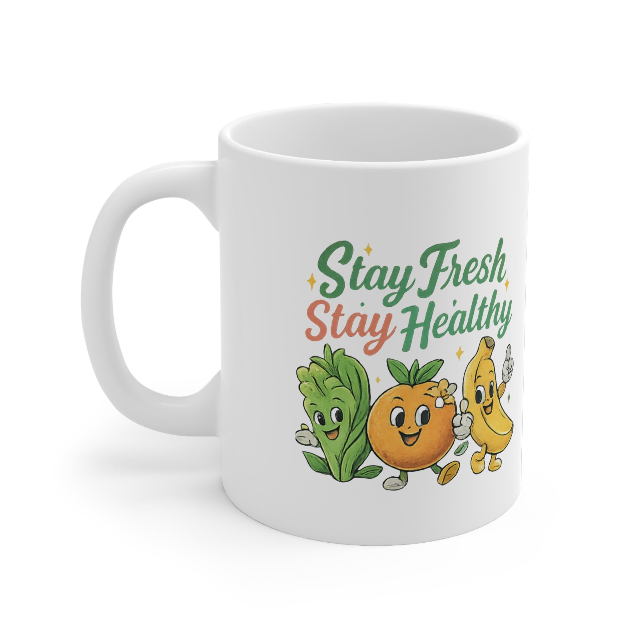 Stay Fresh Stay Healthy Mug — Cute Fruit & Veggie 11oz Ceramic Coffee Cup