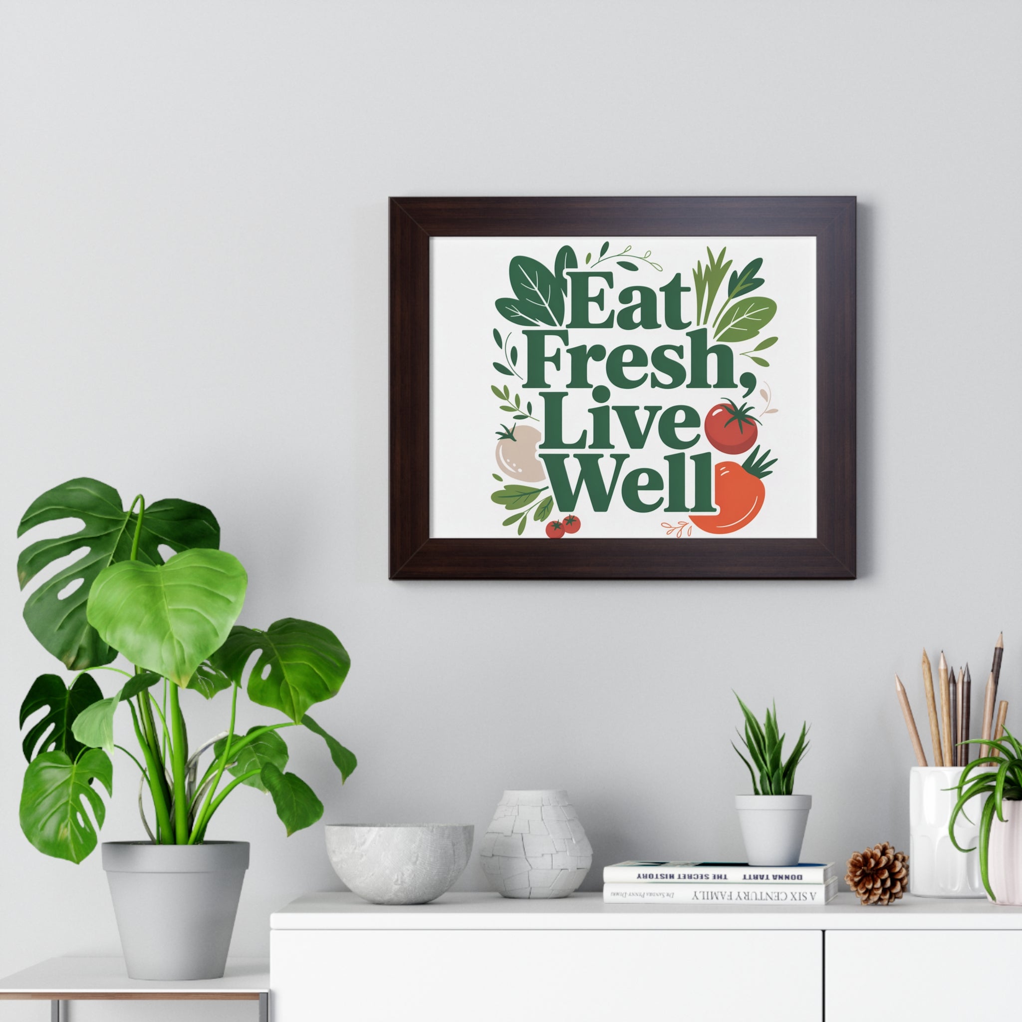 Framed Poster - "Eat Fresh, Live Well" Kitchen Wall Art, Healthy Living Print
