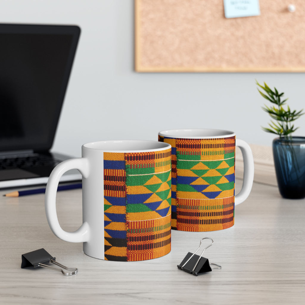 Kente Pattern Ceramic Mug, Colorful African Print Coffee Cup (11oz & 15oz)