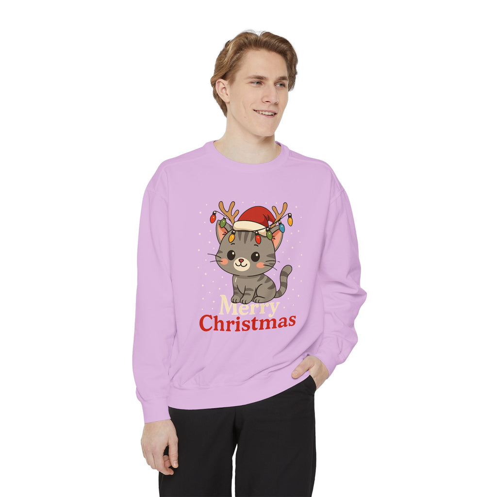 Cute Kitten with Reindeer Antlers Christmas Sweatshirt | Holiday Cat Crewneck