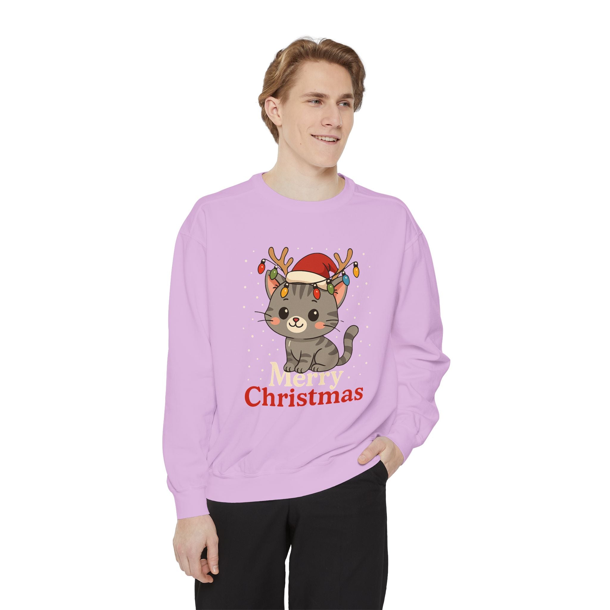 Cute Kitten with Reindeer Antlers Christmas Sweatshirt | Holiday Cat Crewneck