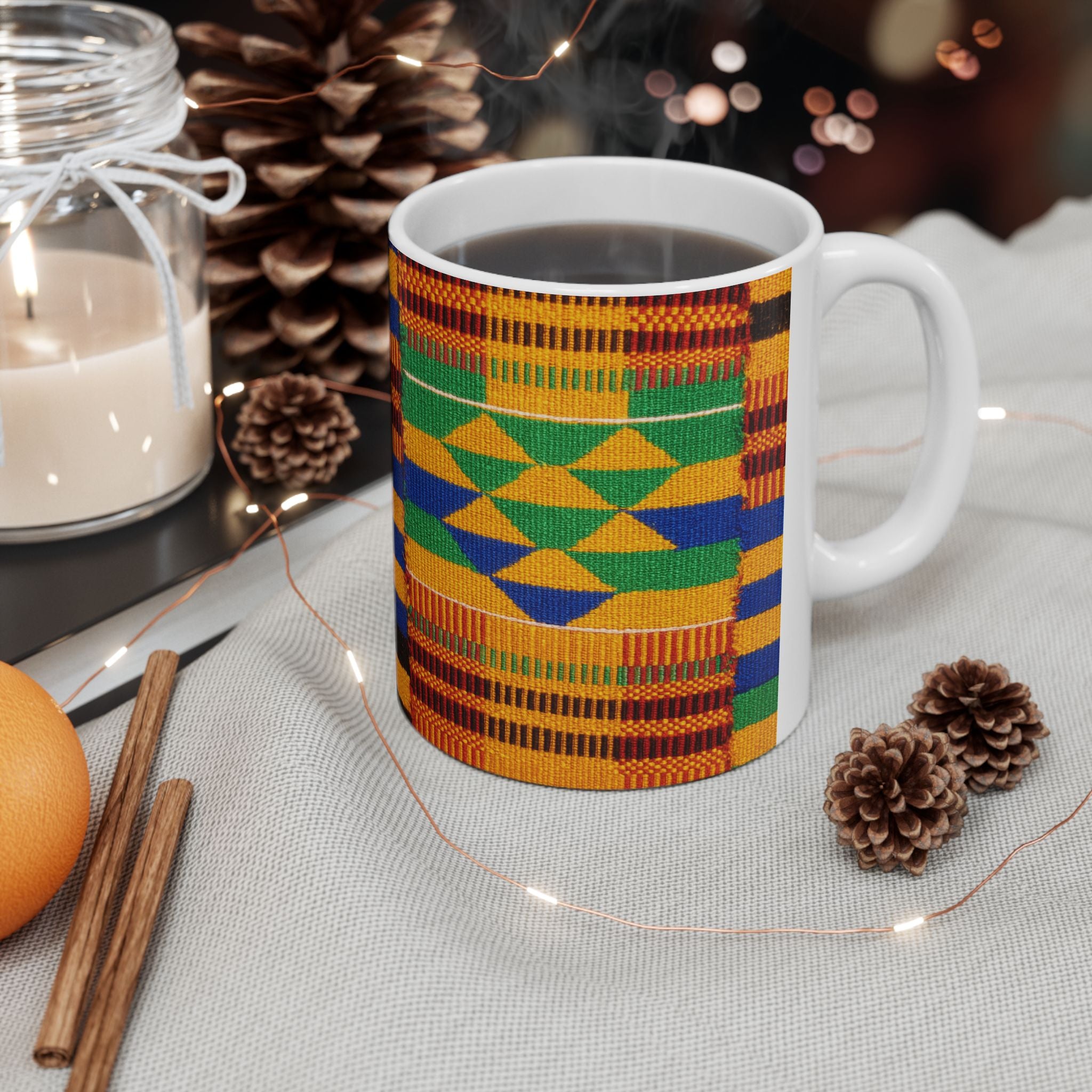 Kente Pattern Ceramic Mug, Colorful African Print Coffee Cup (11oz & 15oz)