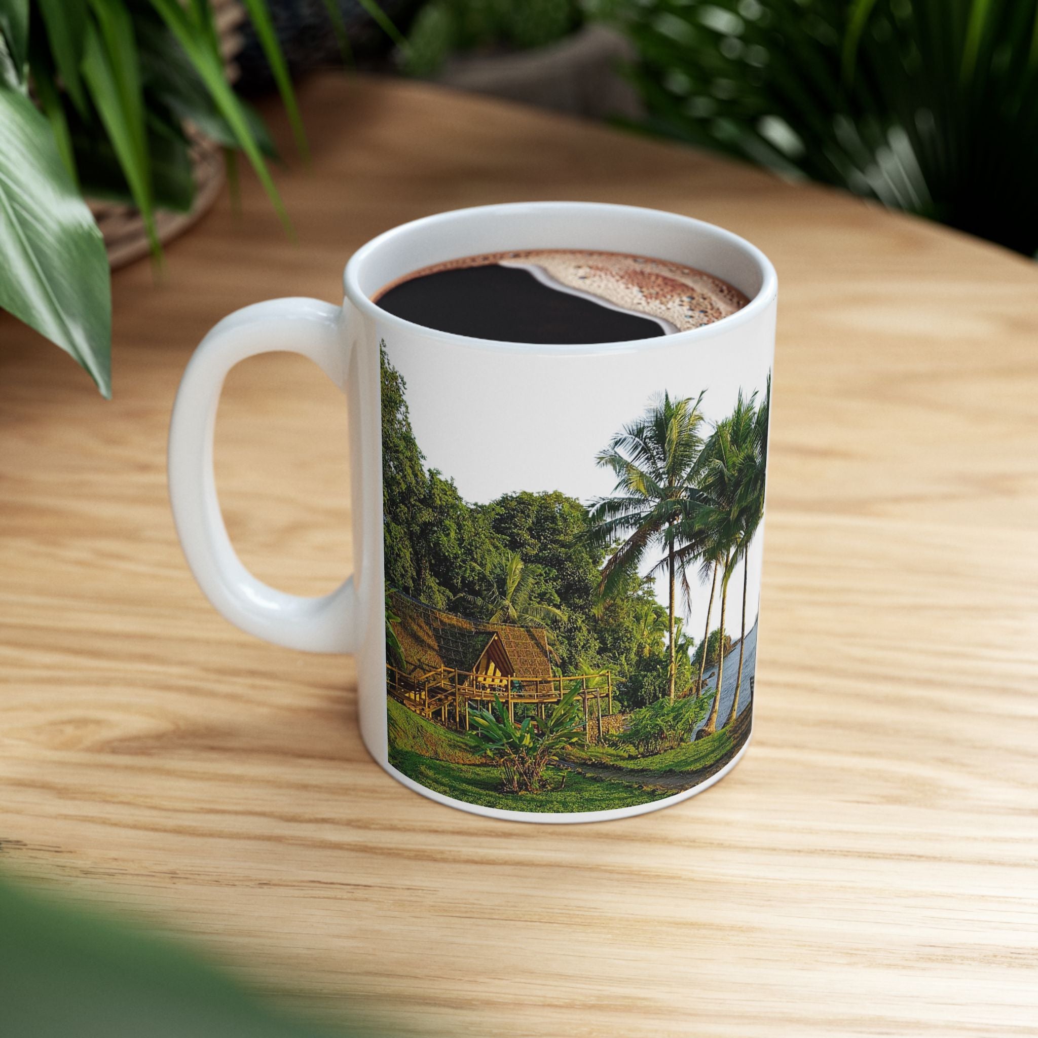 Tropical River Landscape Ceramic Mug – Island Palm Cottage Coffee Cup (11oz/15oz)