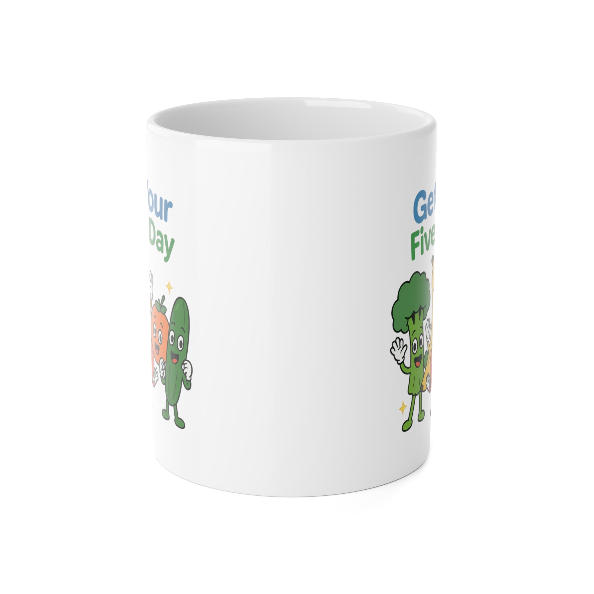 Get Your Five a Day Mug — Cute Fruit & Veggie Cartoon 11oz Ceramic