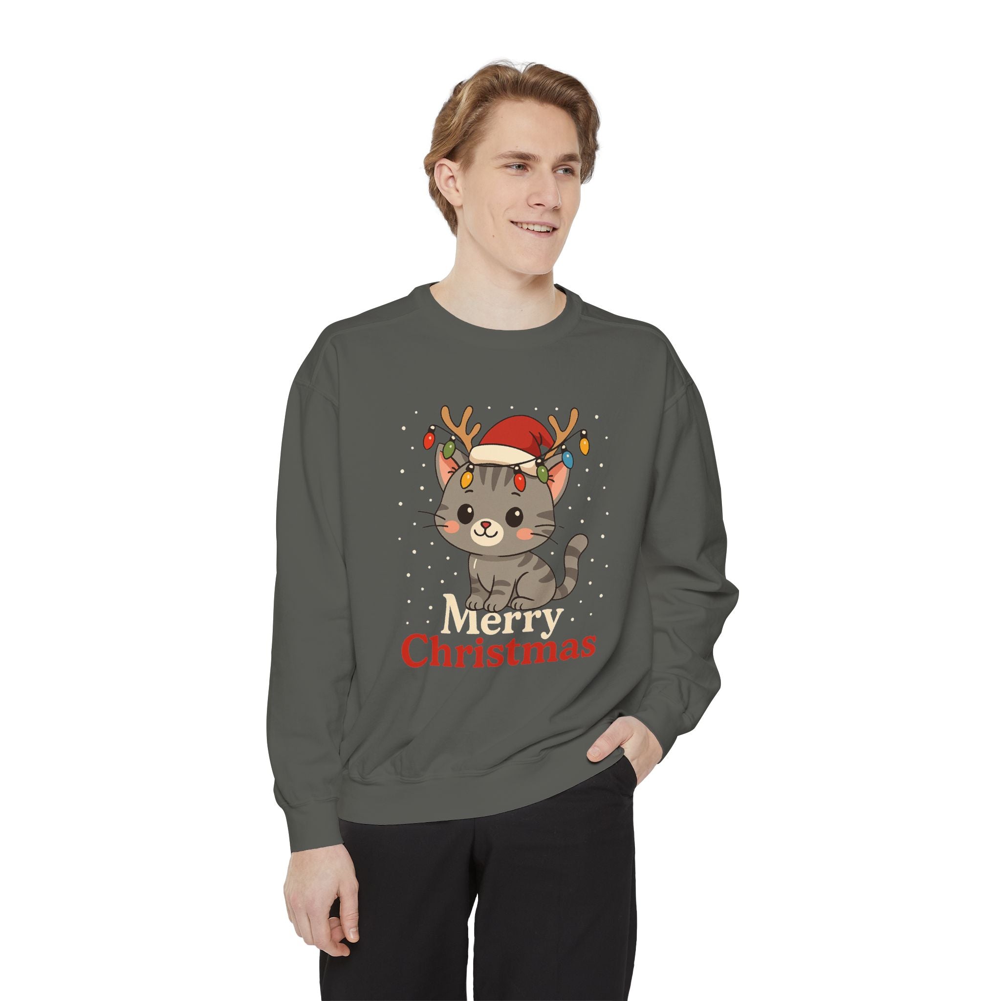 Cute Kitten with Reindeer Antlers Christmas Sweatshirt | Holiday Cat Crewneck