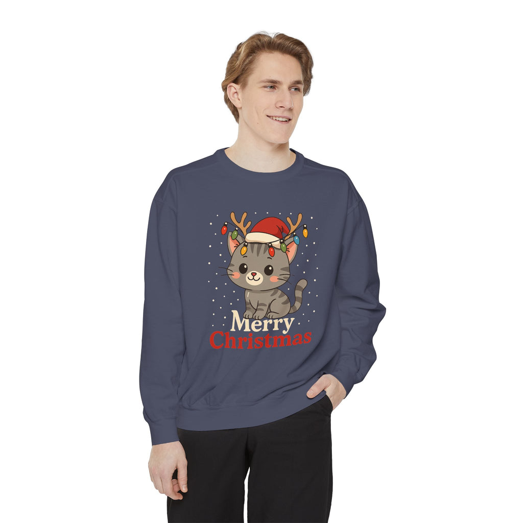 Cute Kitten with Reindeer Antlers Christmas Sweatshirt | Holiday Cat Crewneck