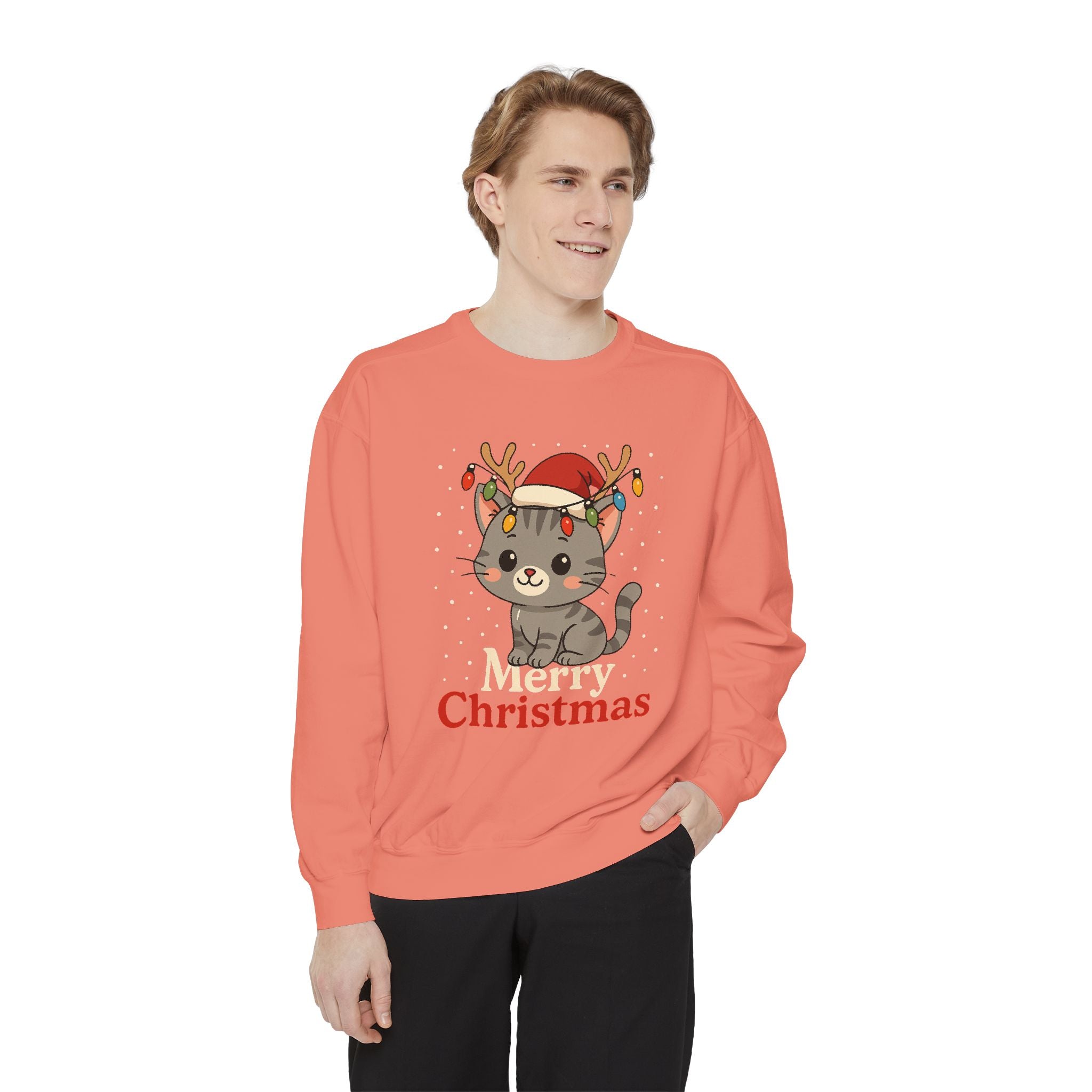 Cute Kitten with Reindeer Antlers Christmas Sweatshirt | Holiday Cat Crewneck