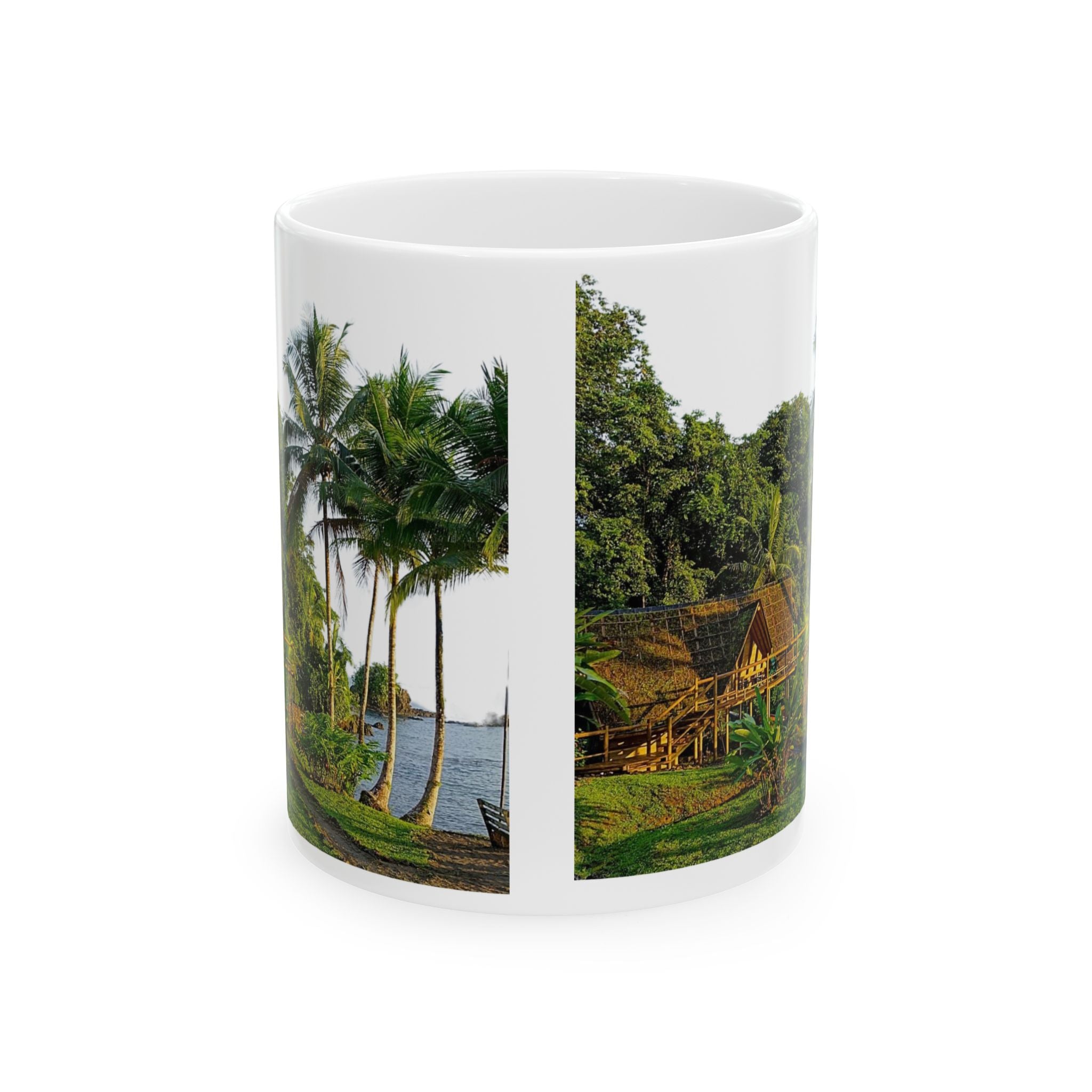 Tropical River Landscape Ceramic Mug – Island Palm Cottage Coffee Cup (11oz/15oz)