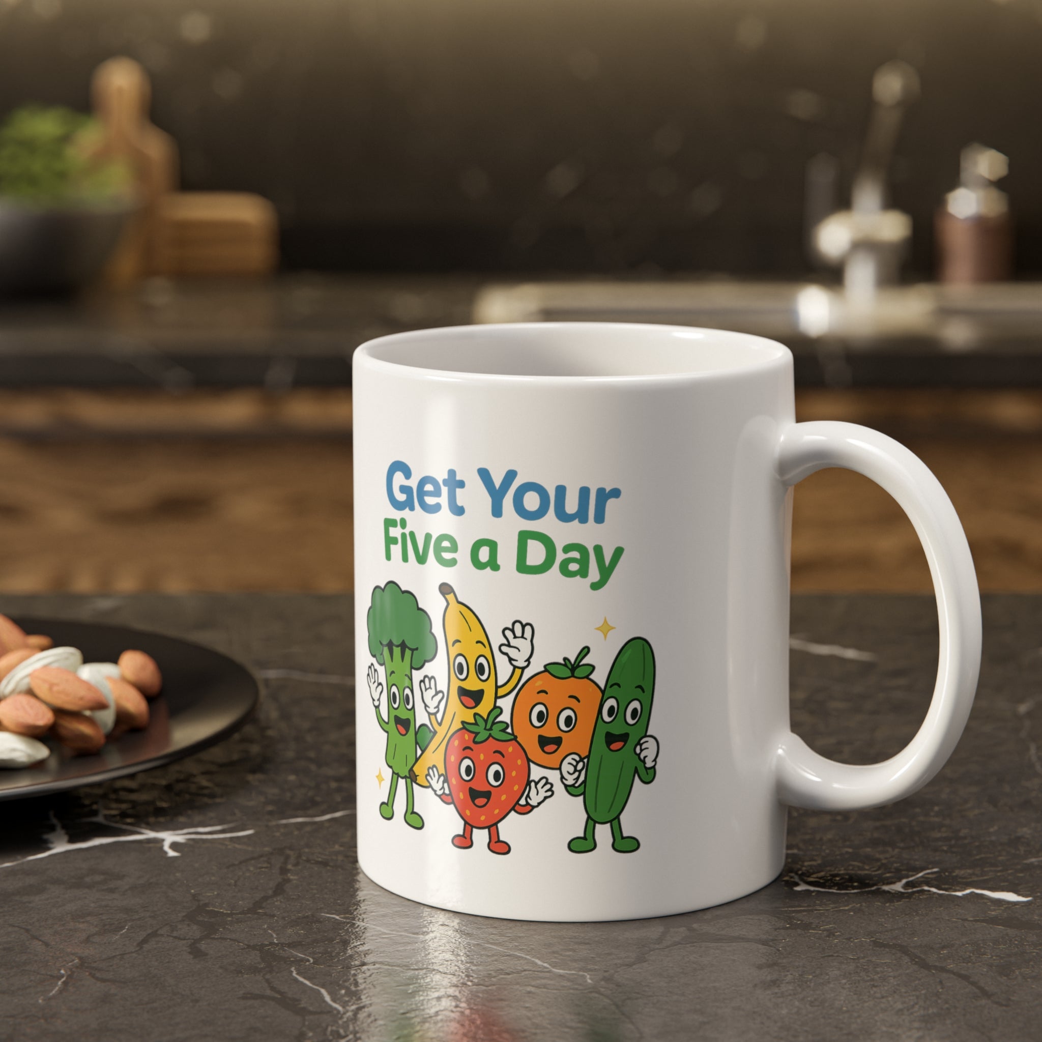 Get Your Five a Day Mug — Cute Fruit & Veggie Cartoon 11oz Ceramic
