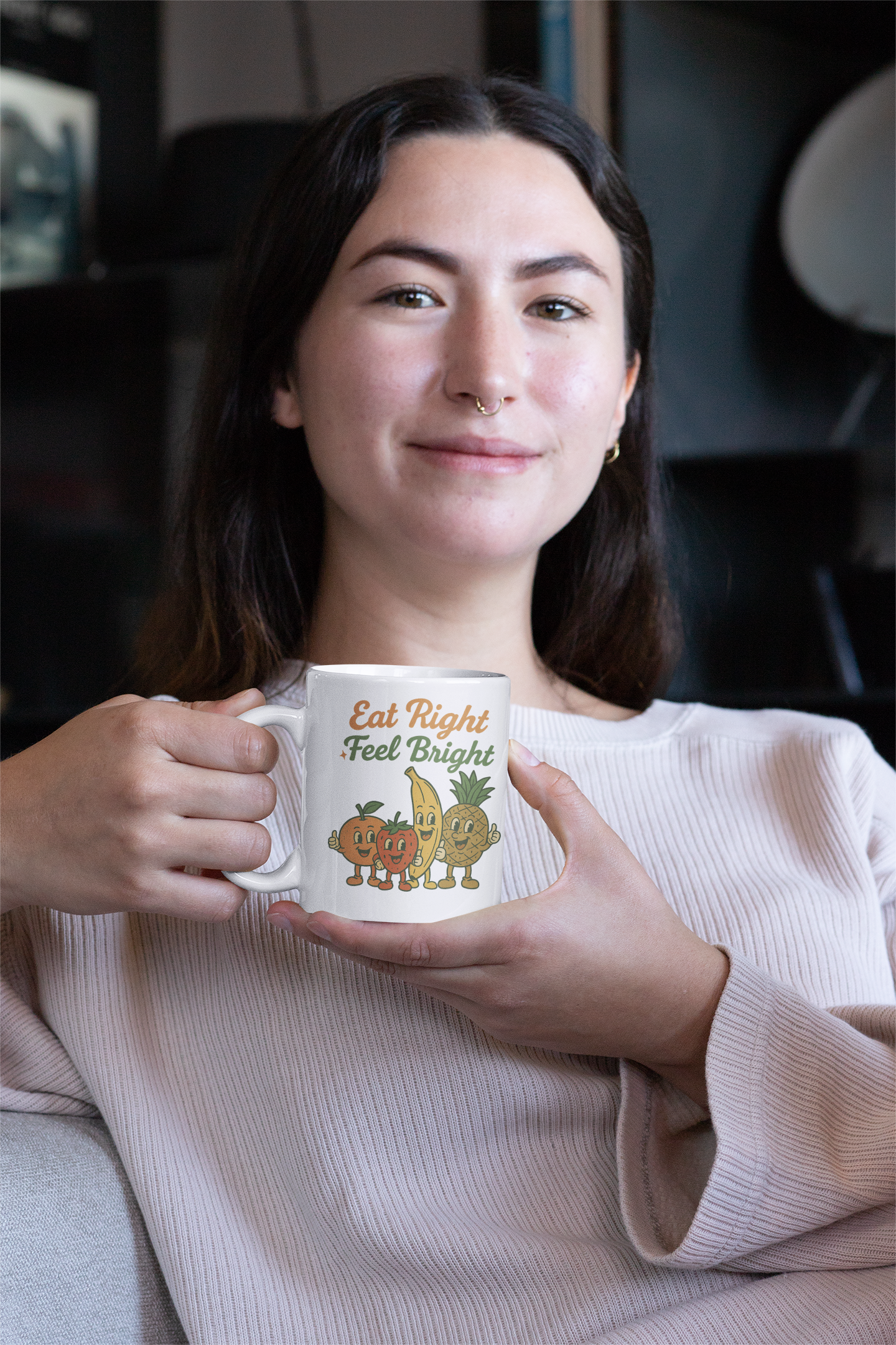 Eat Right Feel Bright Fruit Mug — Cute Retro Fruit Characters 11oz Coffee Cup