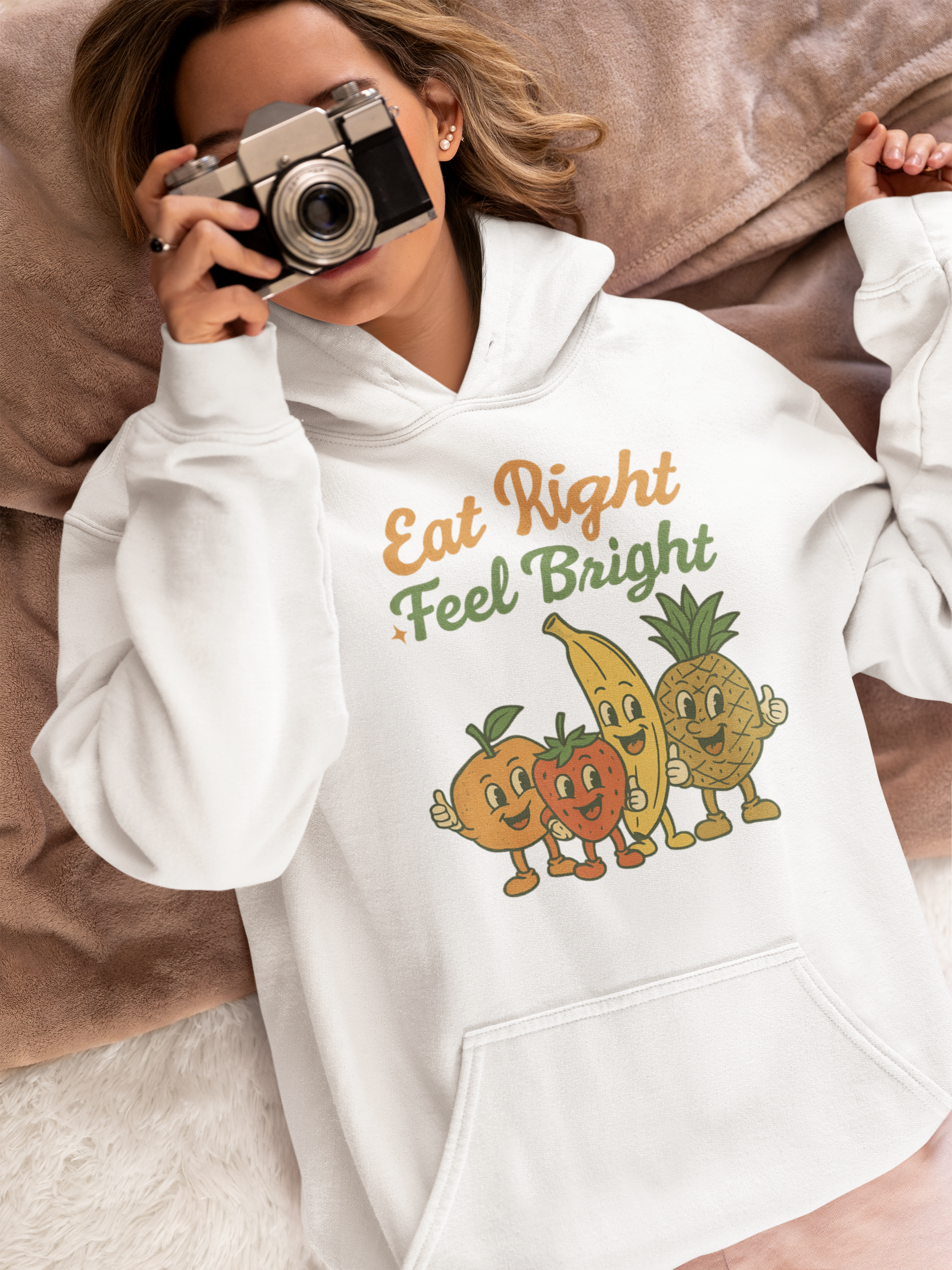 Eat Right Feel Bright Hoodie — Cute Retro Fruit & Veggie Wellness Sweatshirt