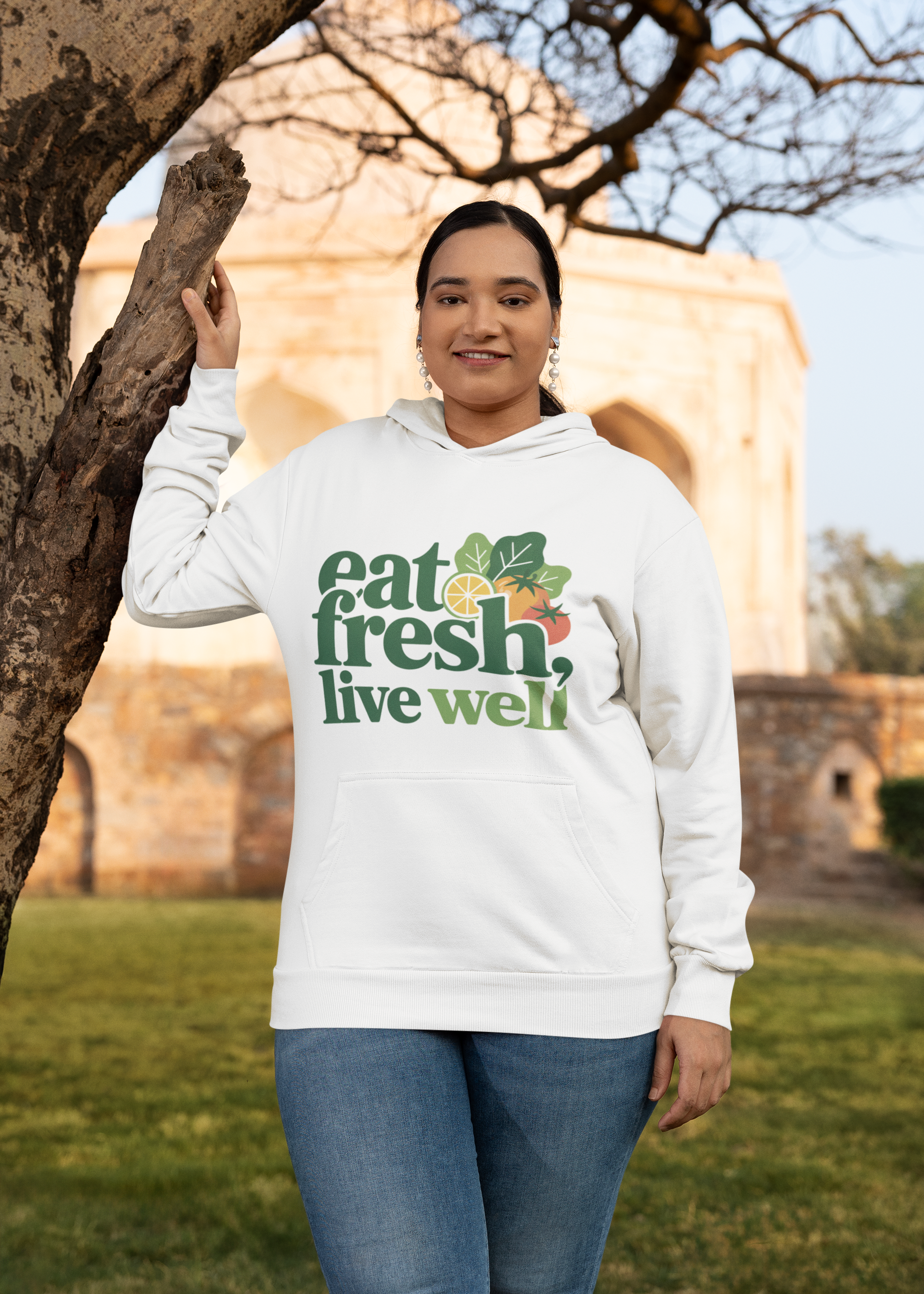 Eat Fresh Live Well Hoodie — Healthy Living Graphic Pullover