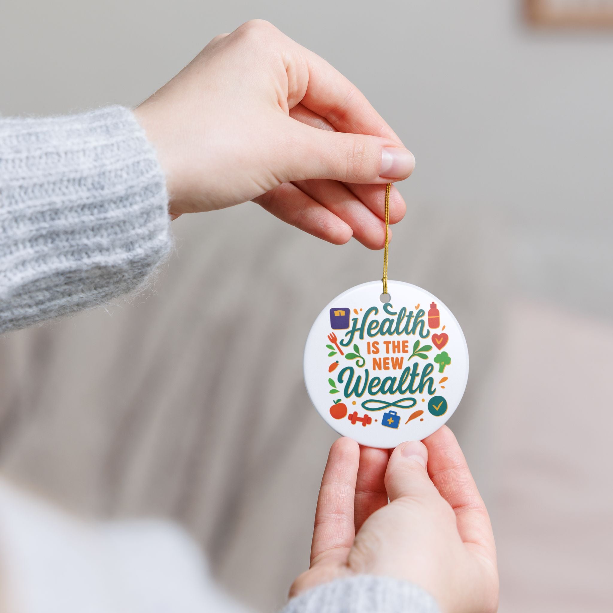 Ceramic Ornament — "Health Is The New Wealth" Motivational Wellness Decoration