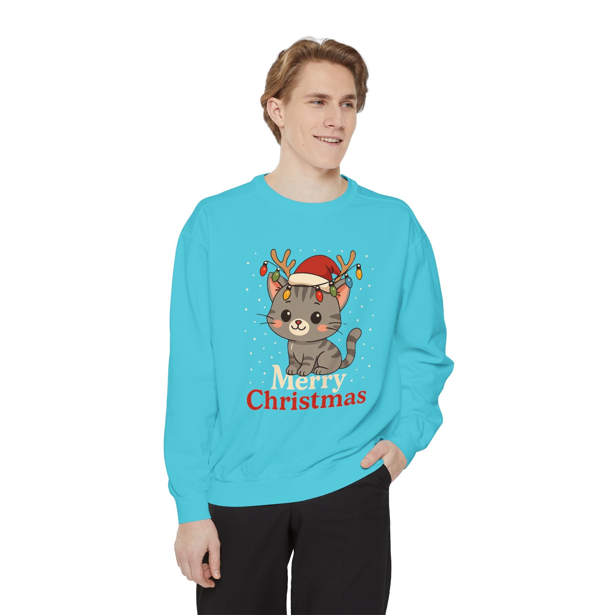 Cute Kitten with Reindeer Antlers Christmas Sweatshirt | Holiday Cat Crewneck