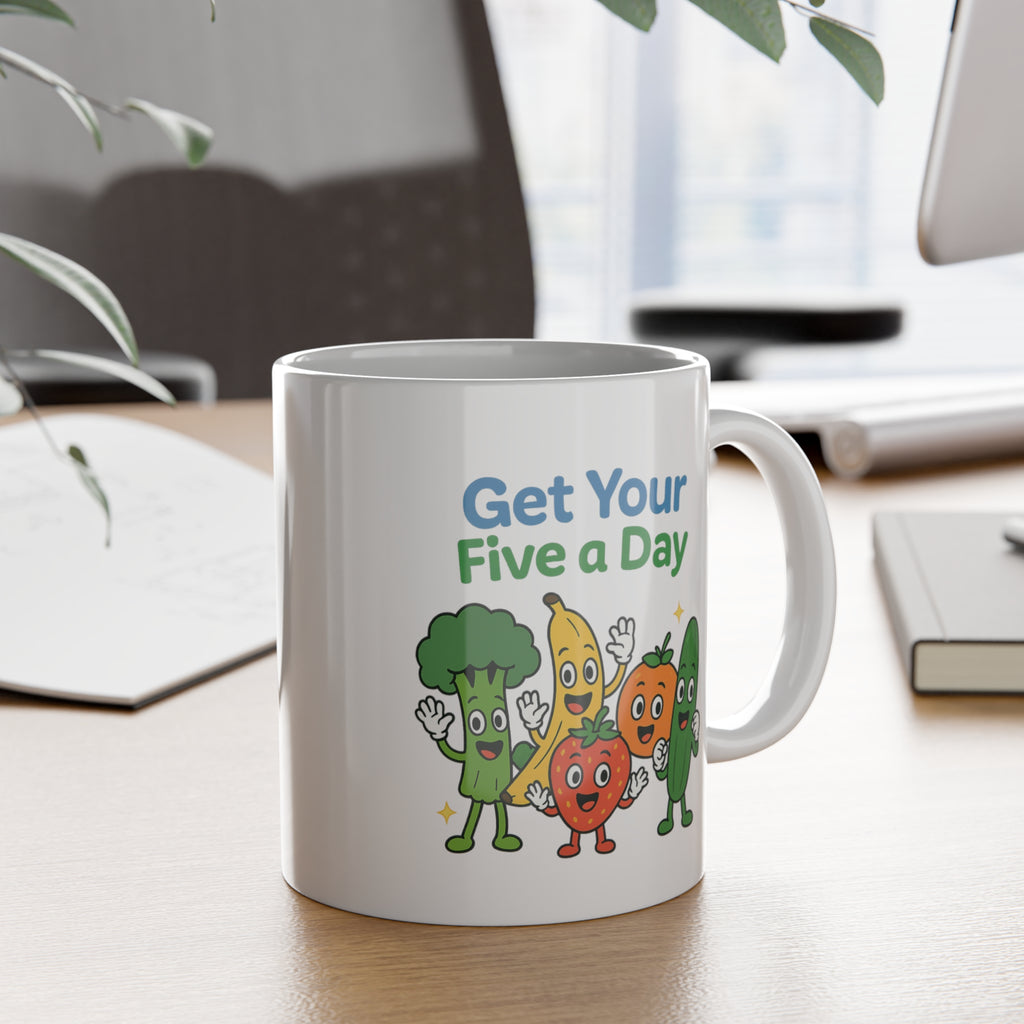 Get Your Five a Day Mug — Cute Fruit & Veggie Cartoon 11oz Ceramic