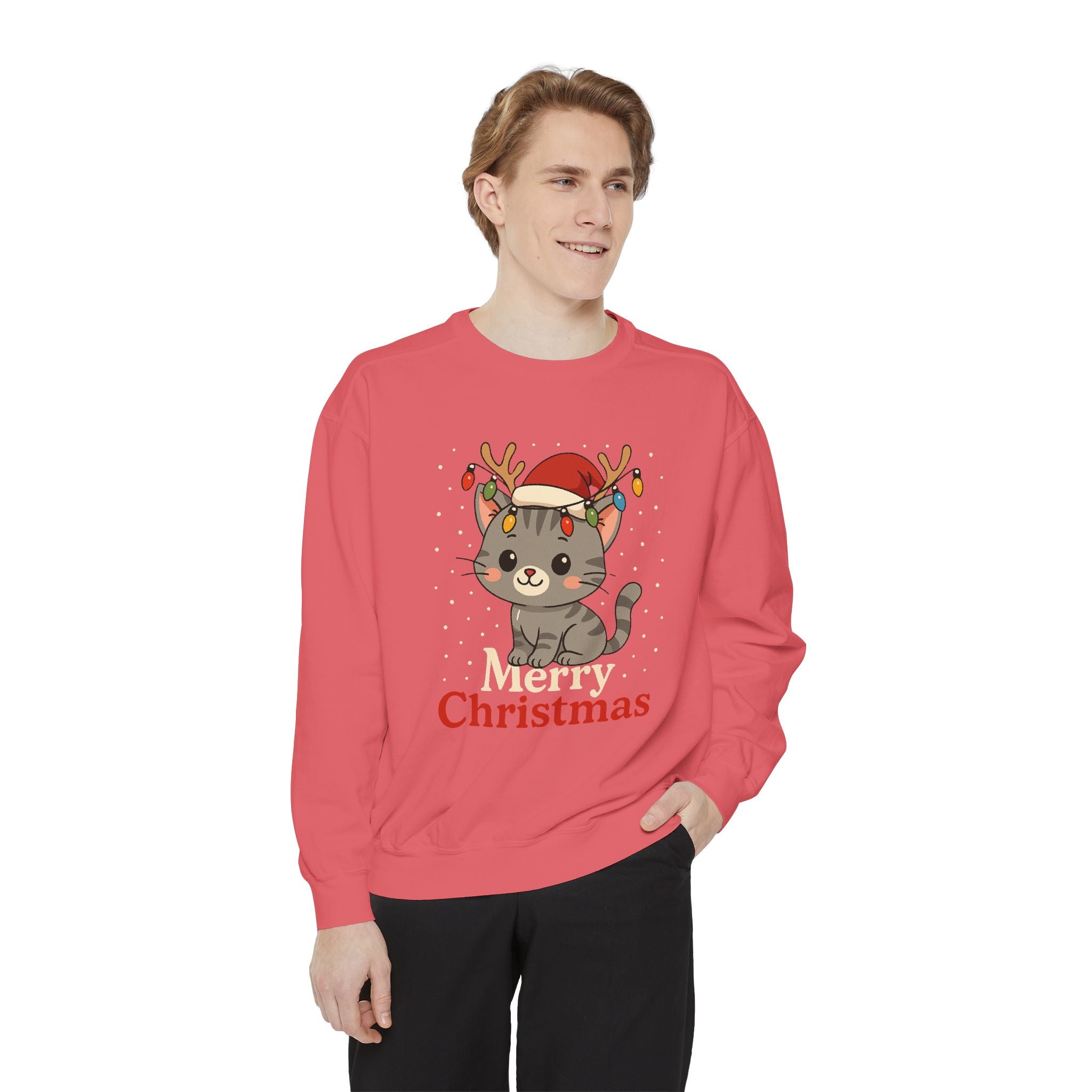 Cute Kitten with Reindeer Antlers Christmas Sweatshirt | Holiday Cat Crewneck