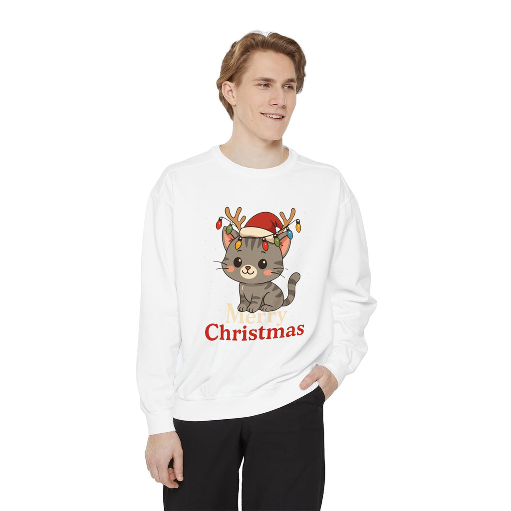 Cute Kitten with Reindeer Antlers Christmas Sweatshirt | Holiday Cat Crewneck