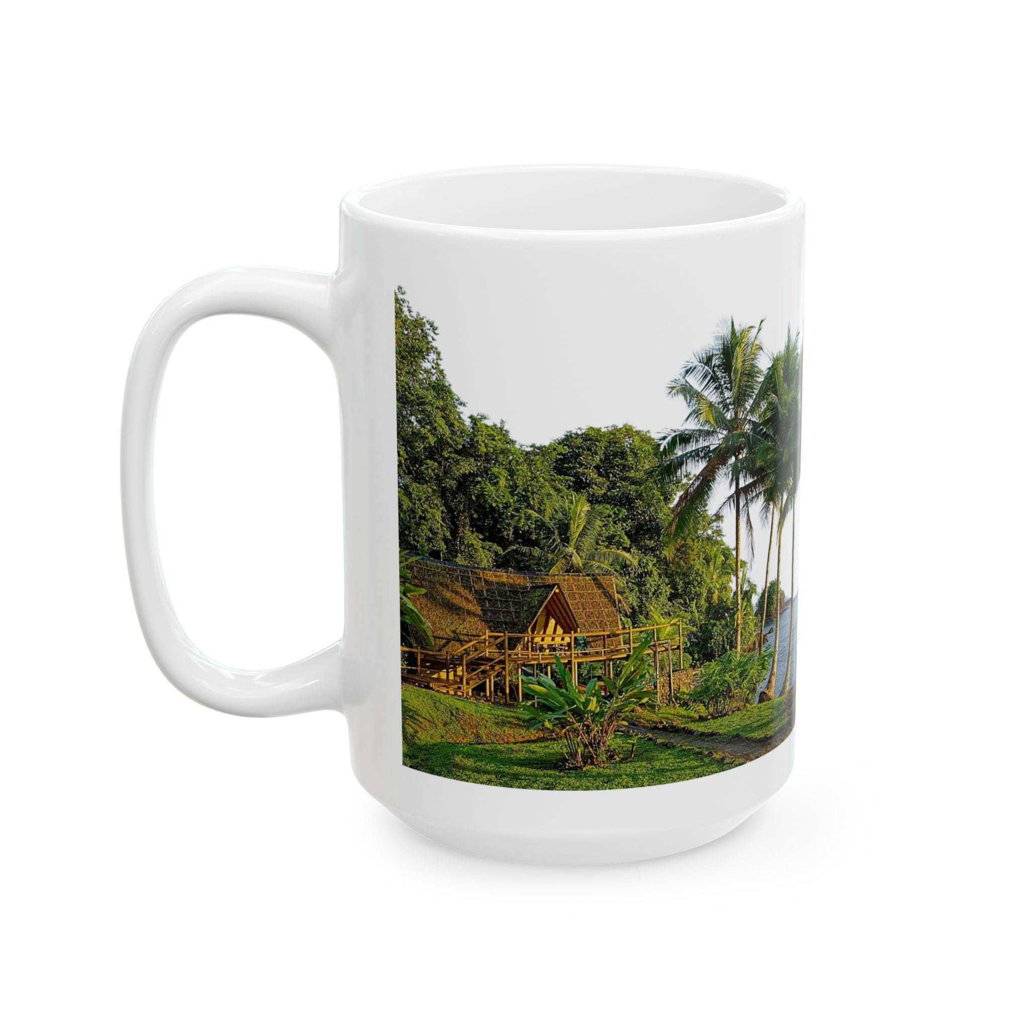 Tropical River Landscape Ceramic Mug – Island Palm Cottage Coffee Cup (11oz/15oz)