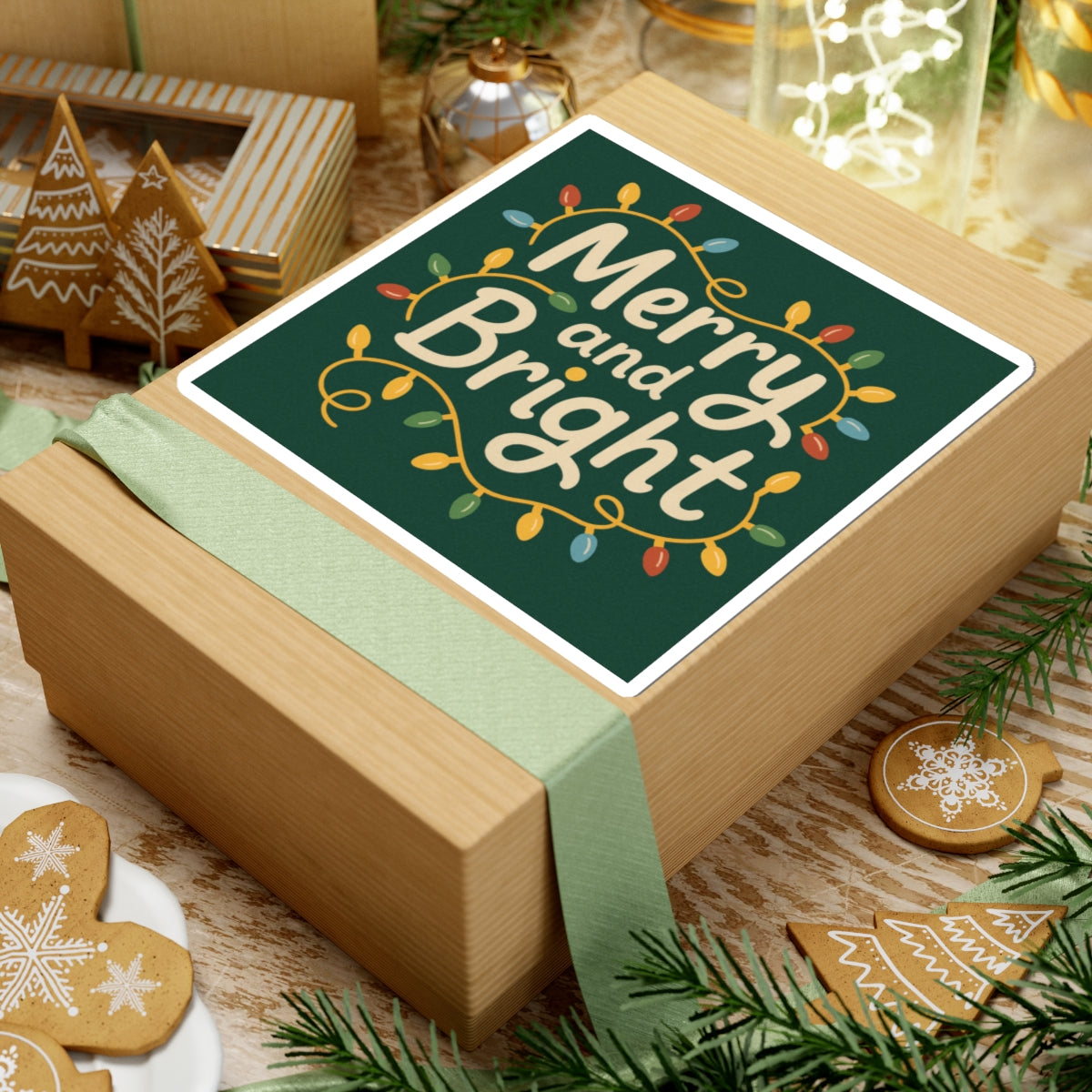 Merry and Bright Holiday Sticker — Festive Christmas Lights Kiss-Cut Sticker