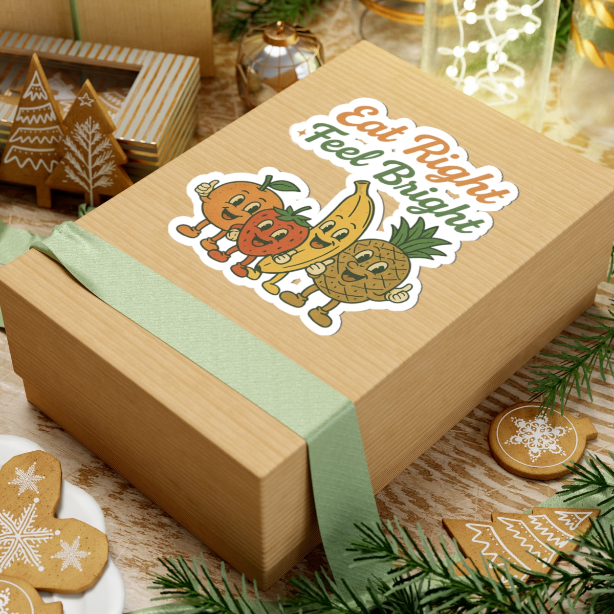 Eat Right Feel Bright Fruit Sticker — Cute Retro Fruit Characters, Healthy Living Laptop Decal