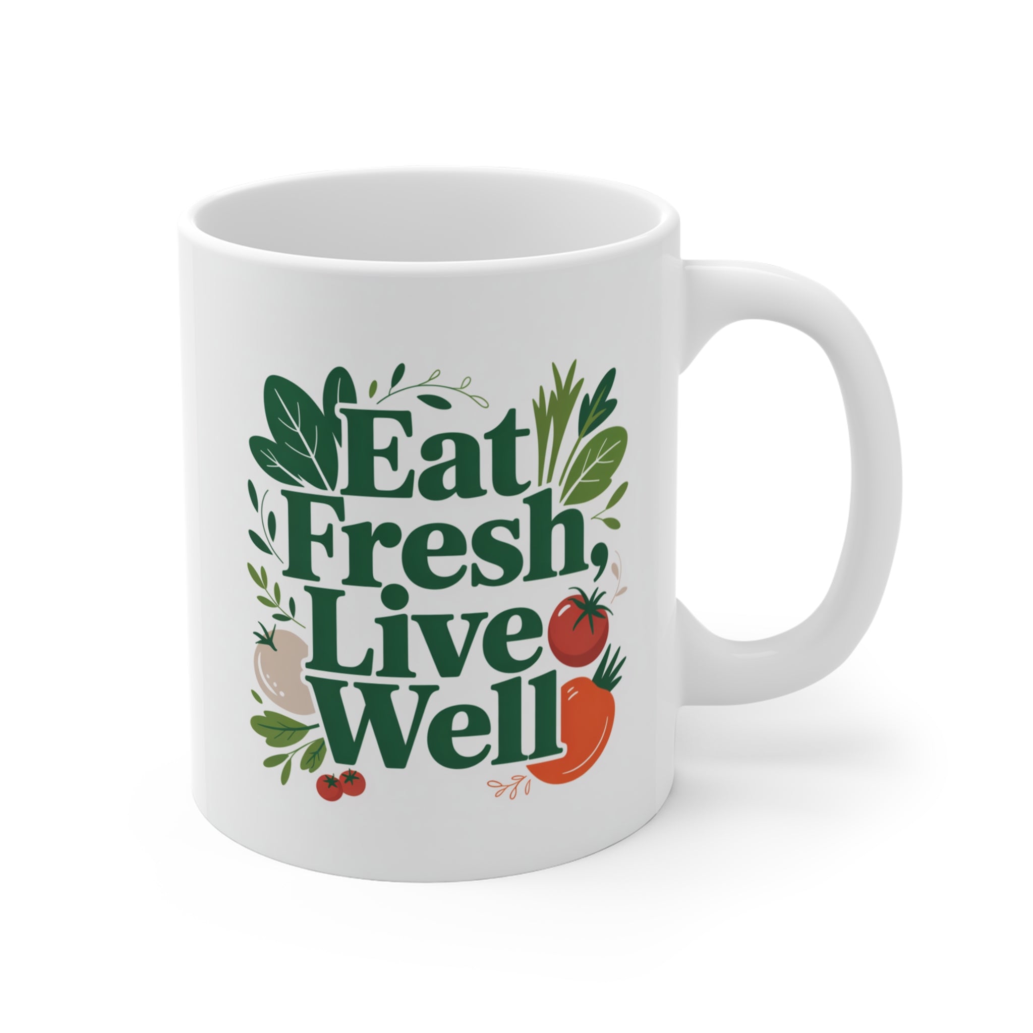Eat Fresh Live Well Mug — Healthy Living Coffee Cup (11 oz)