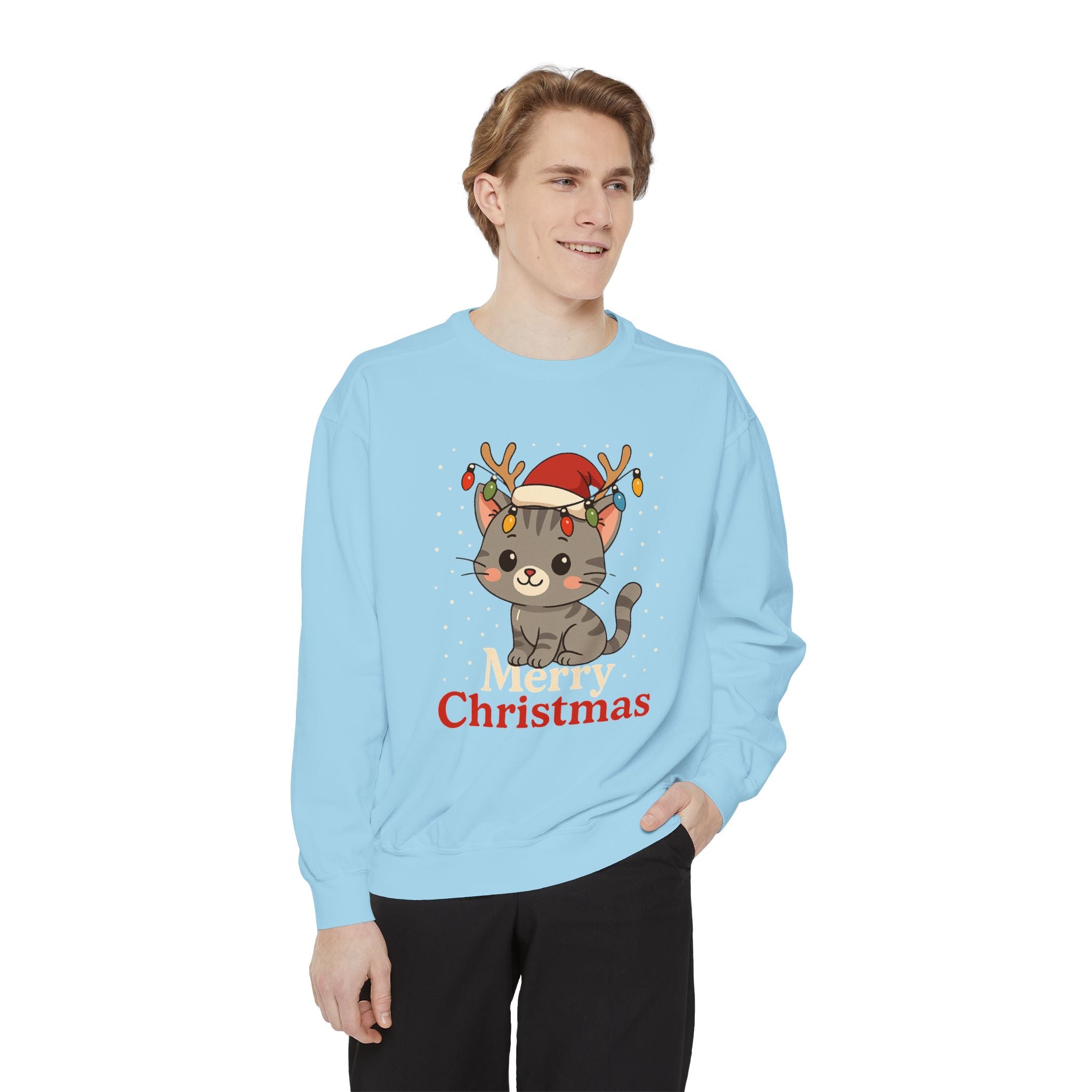 Cute Kitten with Reindeer Antlers Christmas Sweatshirt | Holiday Cat Crewneck