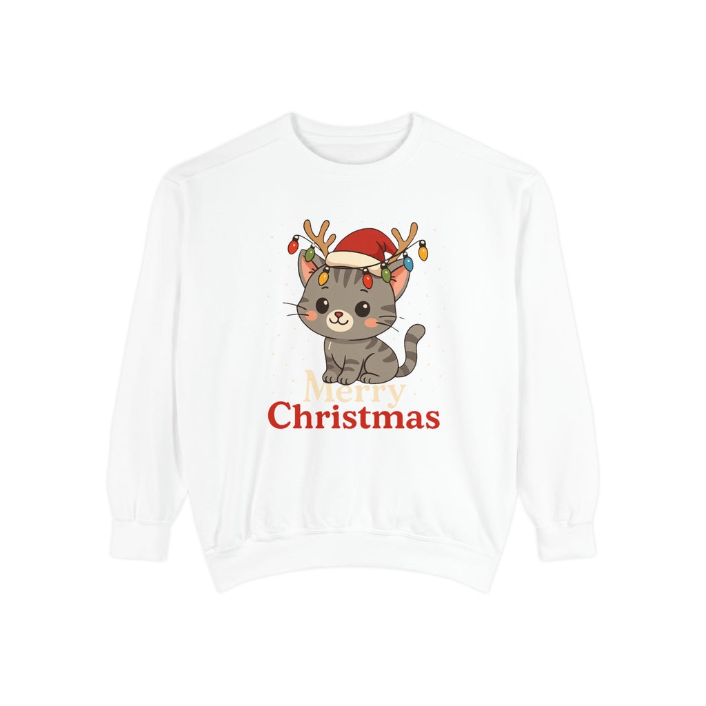 Cute Kitten with Reindeer Antlers Christmas Sweatshirt | Holiday Cat Crewneck