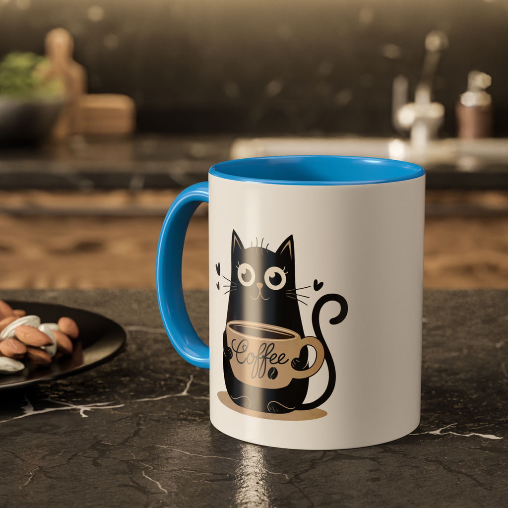 Cat Coffee Mug — Cute Black Cat Holding 'Coffee' Ceramic Mug (11oz & 15oz)