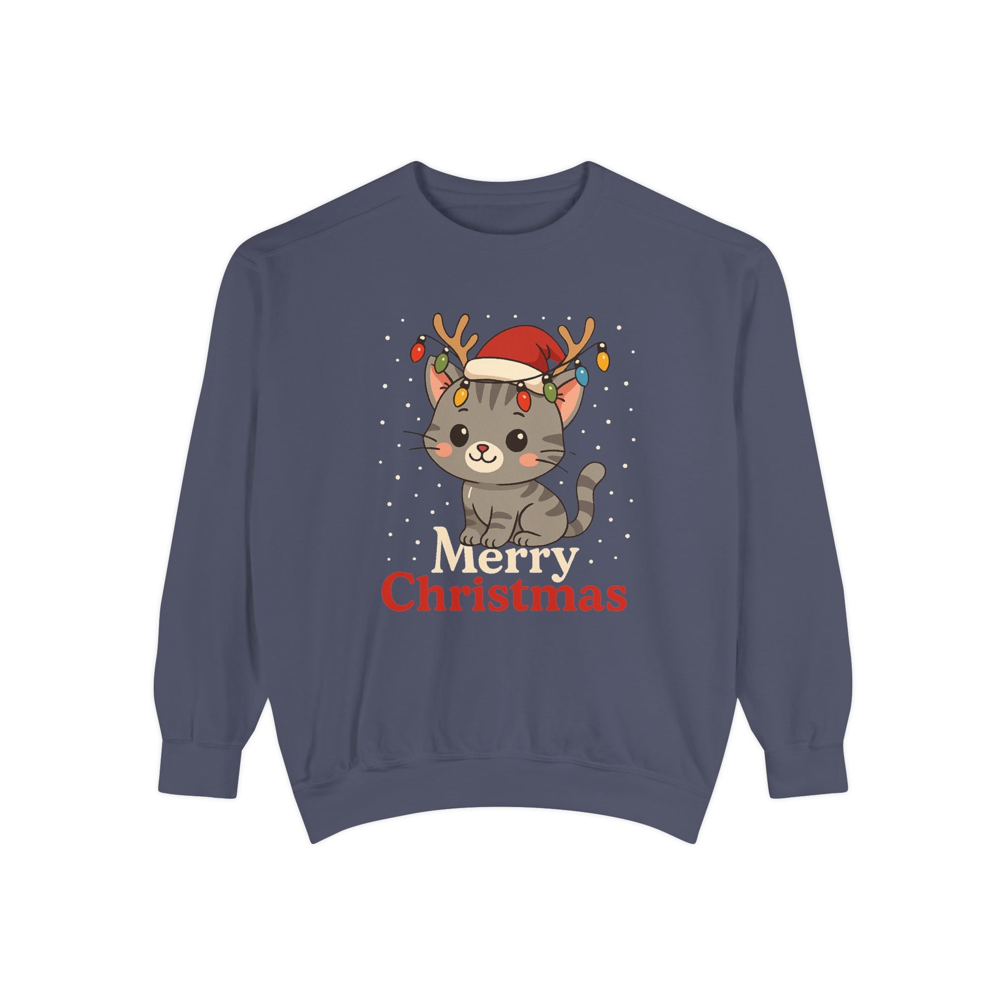Cute Kitten with Reindeer Antlers Christmas Sweatshirt | Holiday Cat Crewneck